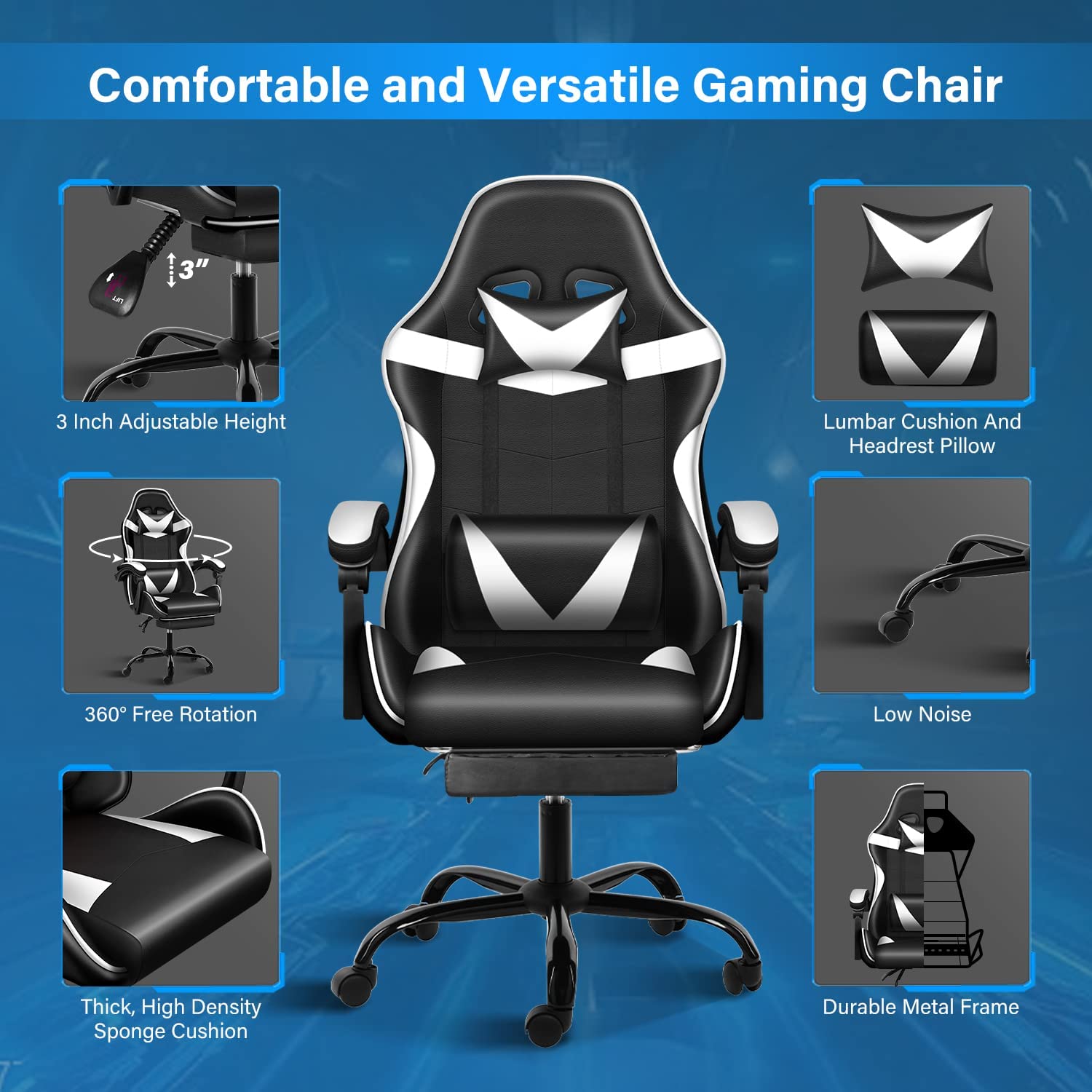 YSSOA Gaming Chair with Footrest - Big and Tall Ergonomic Racing Style Office Chair, Adjustable Swivel Video Game Chair with Headrest & Lumbar Support - Perfect for PC Gaming, Esports, Home Office and Streaming Setup