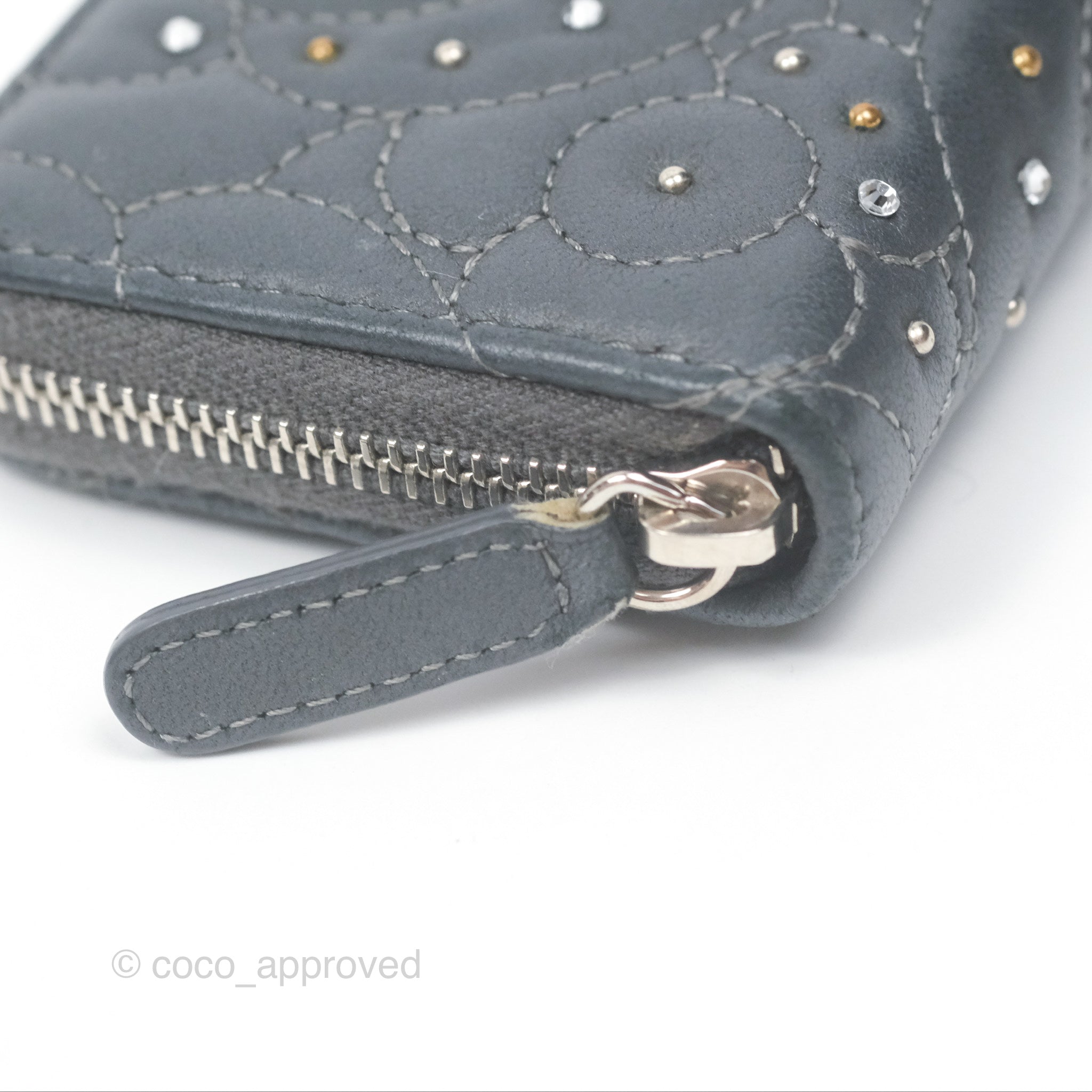Chanel Camellia Crystal Studded Zipped Coin Purse Grey Silver Hardware - Elegant Small Wallet for Women, Perfect for Parties, Gifts & Everyday Use