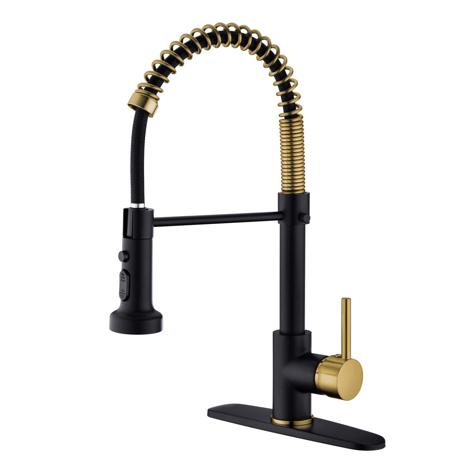 Black and Gold Kitchen Faucet with Pull Down Sprayer - Single Handle Spring Design for RV, Farmhouse & Laundry Sink - High Arc Spout for Easy Washing & Cleaning - Perfect for Modern Kitchens, Campers & Utility Rooms