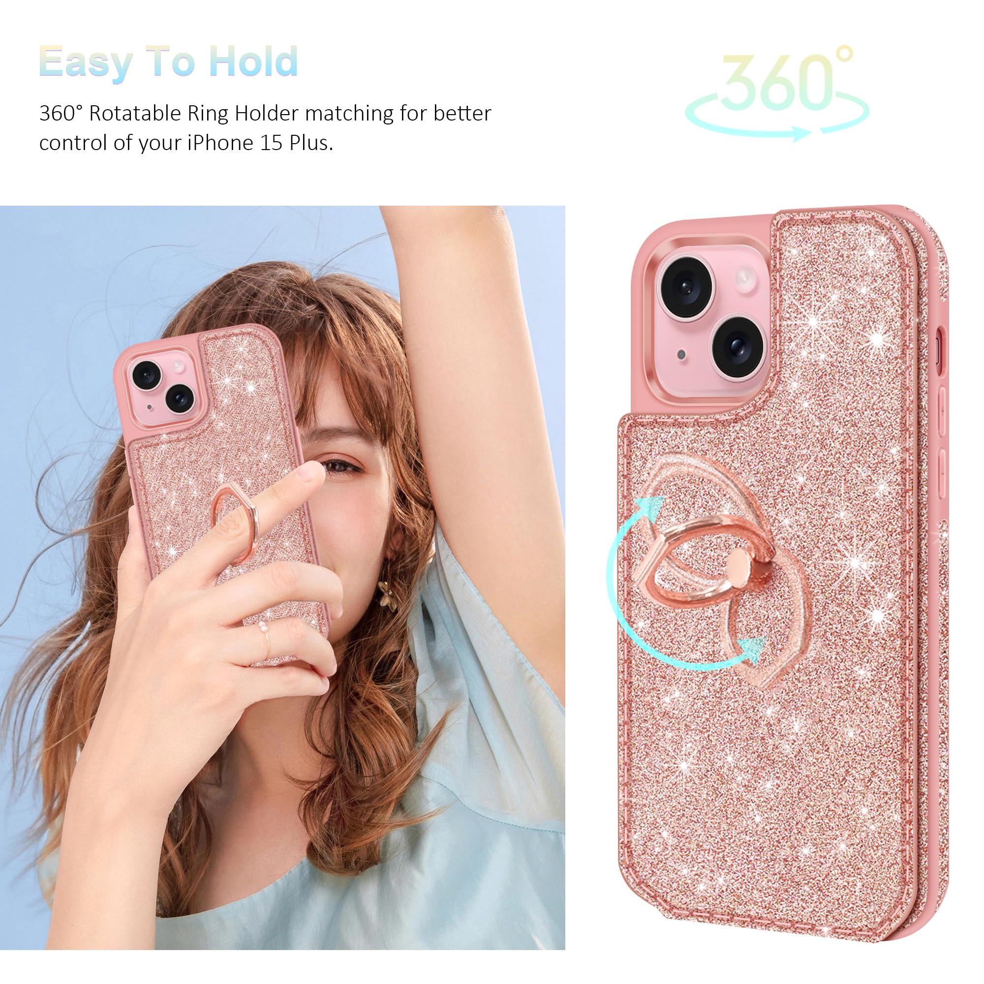 Shockproof Glitter Cute iPhone 15 Plus Wallet Case (6.7 Inch) with Screen Protector, Camera Lens Protector & 360° Ring Stand - Rose Gold | Perfect for Everyday Use, Travel, and Hands-Free Viewing