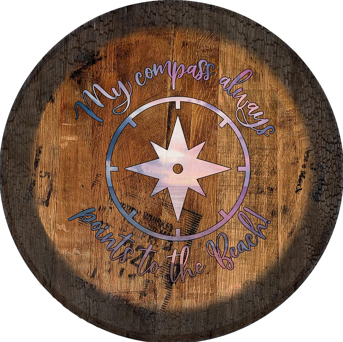 PS Prints Compass Ocean Beach Wall Art - Large Oak Whiskey Barrel Lid Decor for Beach House, Coastal Living Room, and Nautical-Themed Spaces