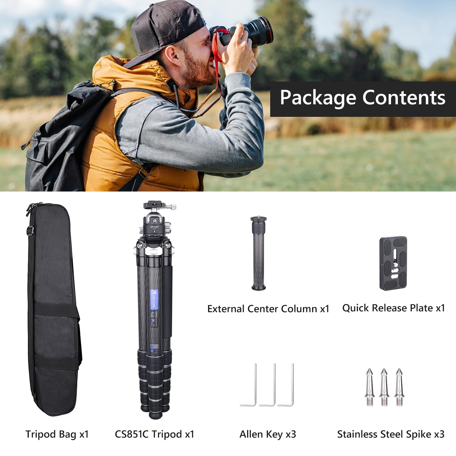 ARTCISE Compact Lightweight Carbon Fiber Travel Tripod - 54mm Ball Head, 36mm Carbon Tube, 30kg Max Load - Perfect for Photography, Hiking & Travel