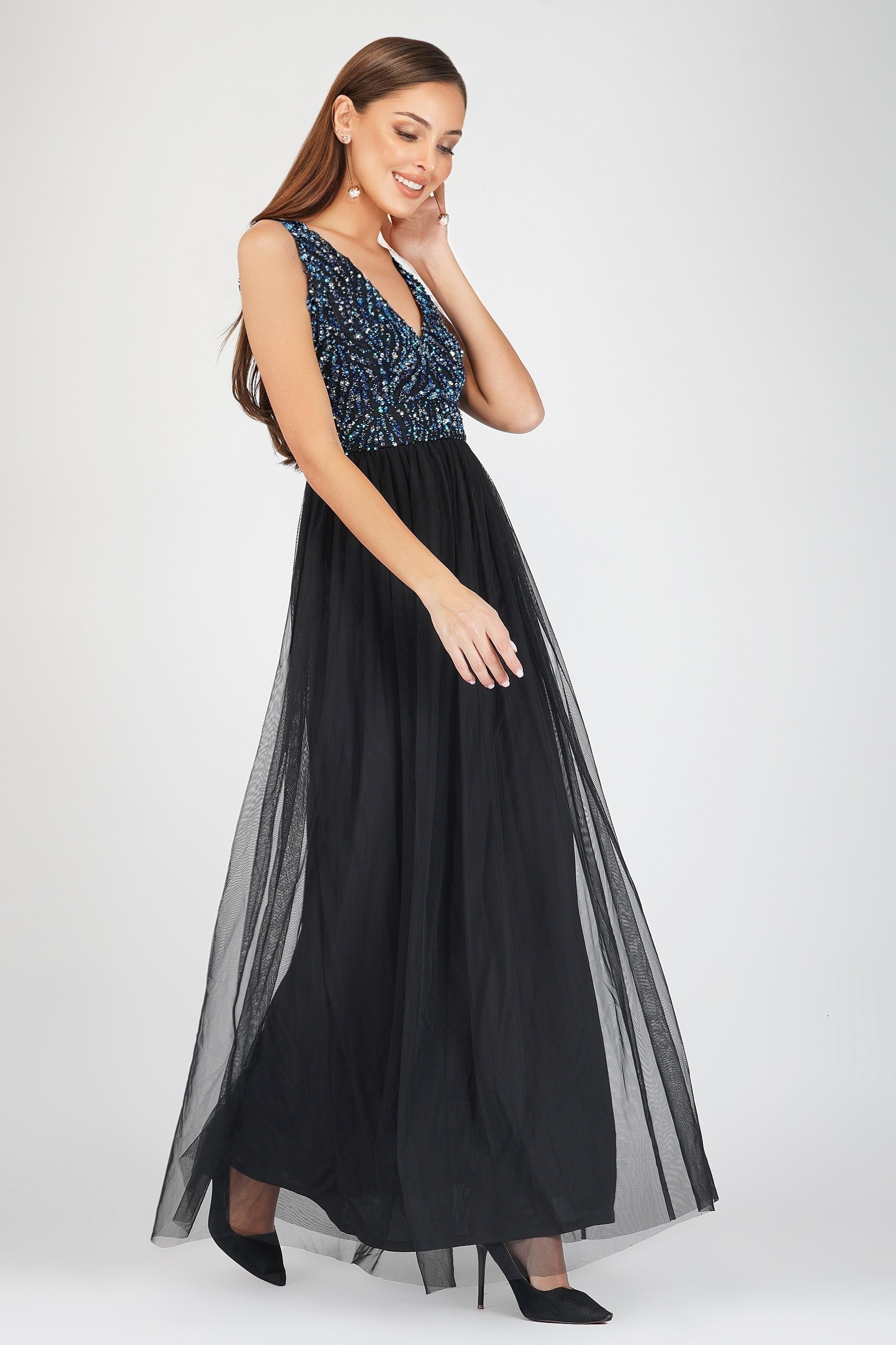 Ada Black Embellished Maxi Dress for Women - Elegant Evening Gown with Beaded Details, Formal Party Dress for Weddings, Prom, Cocktail Events & Special Occasions