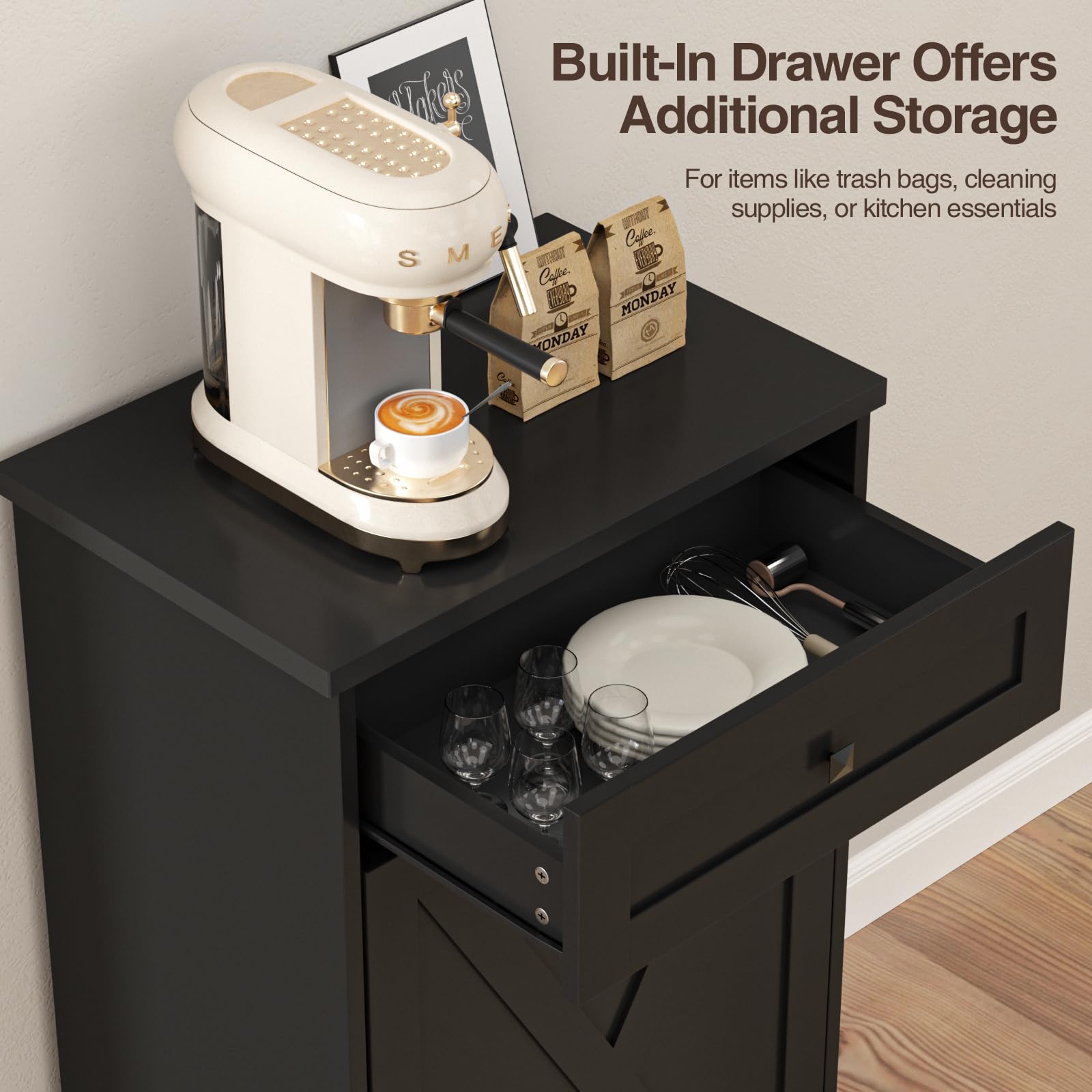 Farmhouse Tilt Out Trash Cabinet with Negative Ion Technology - 10 Gallon Dog Proof Garbage Can Storage for Kitchen, Bathroom & Living Room - Black - Perfect for Small Spaces and Pet-Friendly Homes