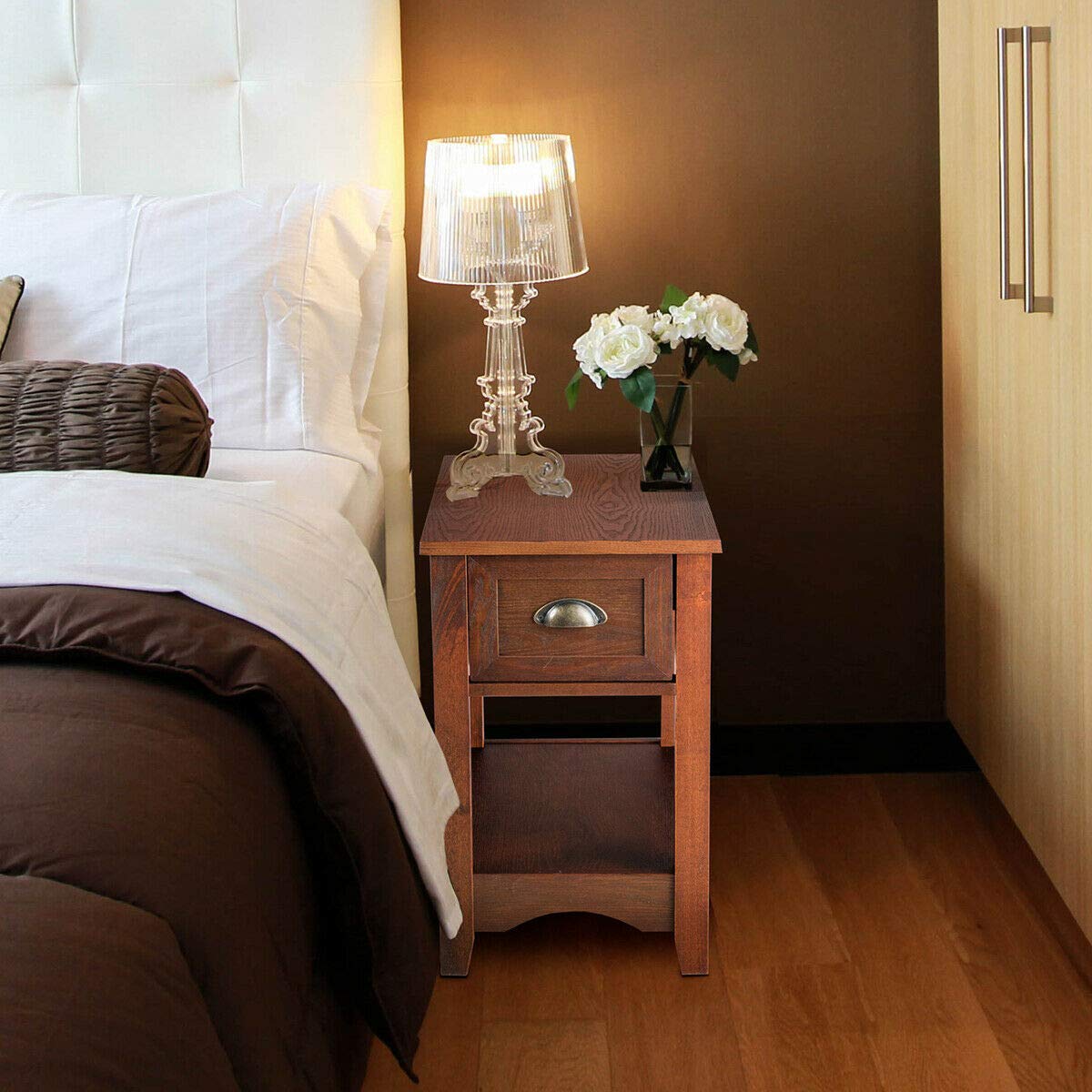 Giantex Retro Narrow End Table with Drawer & Storage Shelf - Solid Wood Nightstand for Bedroom, Living Room, Home Office - Perfect Small Space Solution for Bedside Storage & Decor (Walnut)