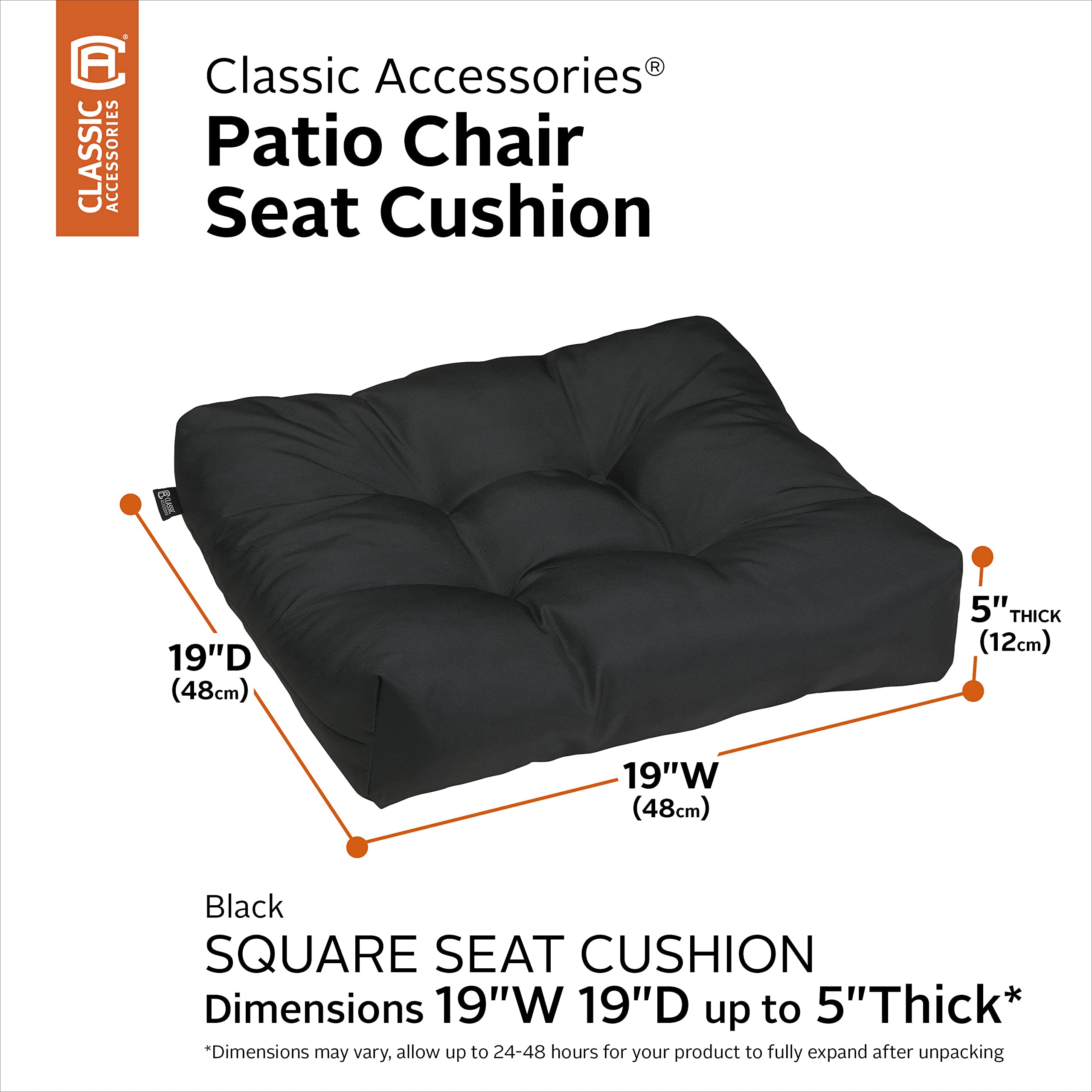 Waterproof 19x19 Inch Square Patio Cushions - 2 Pack Black for Outdoor Chairs & Loungers