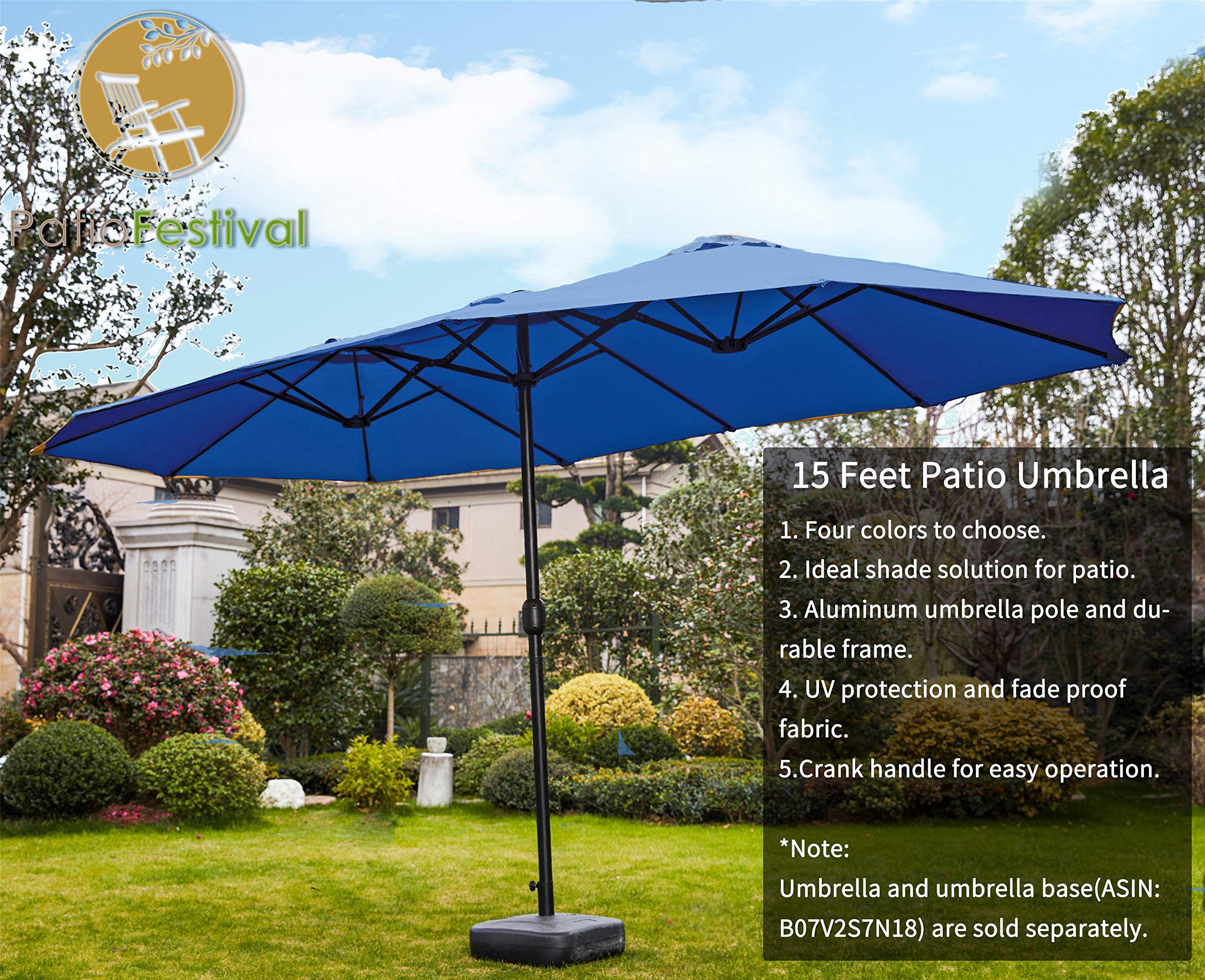 PatioFestival 15FT Outdoor Patio Umbrella - Double-Sided Garden Table Umbrella with Crank Open/Close System, UV-Resistant & Fade-Proof Canopy - Perfect for Lawn, Deck, Backyard, Poolside & Outdoor Dining Areas
