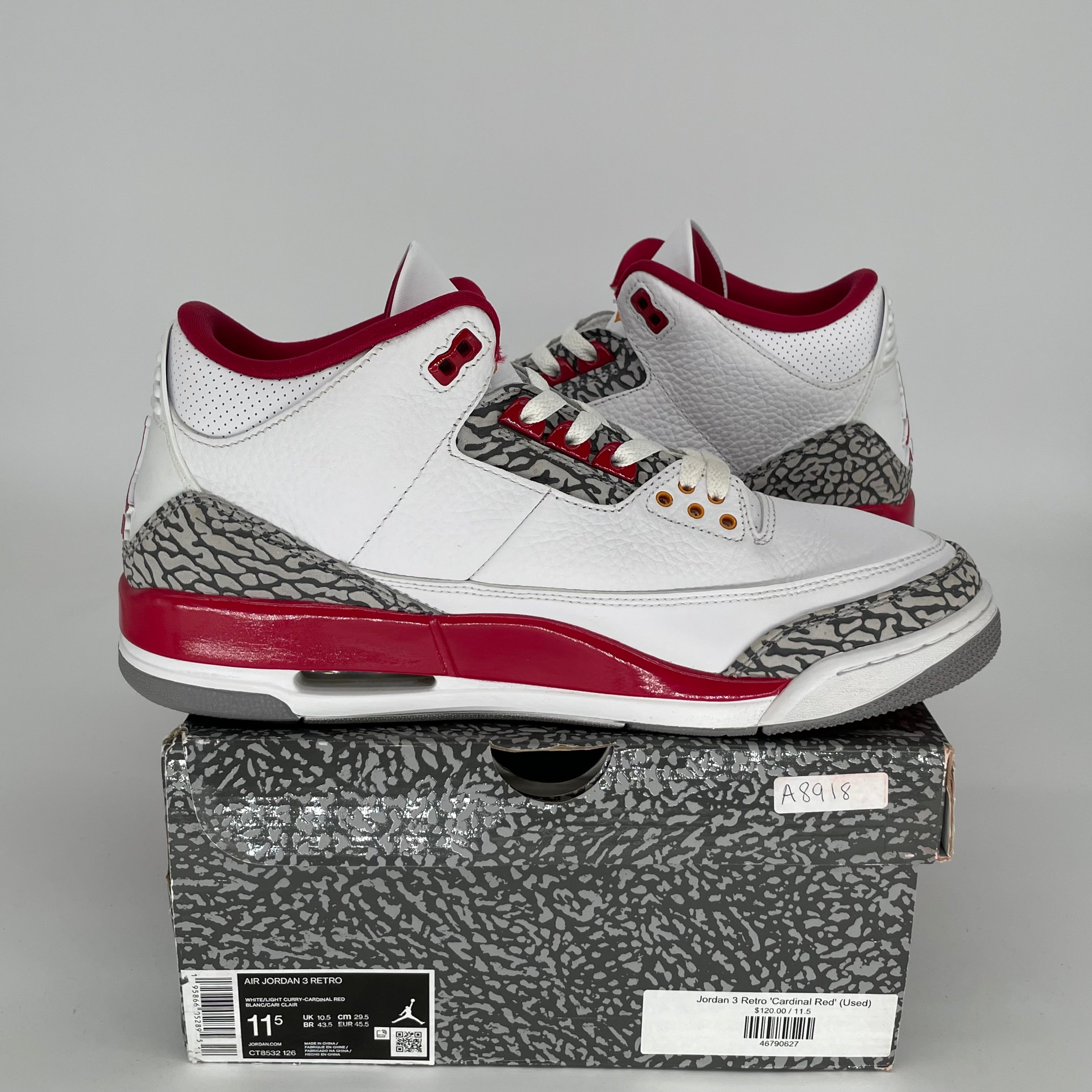 AIR JORDAN 3 CARDINAL Men's Basketball Shoes Size 11.5 - White/Red Colorway CT8532-126 | Retro Sneakers for Casual Wear, Street Style & Basketball Games