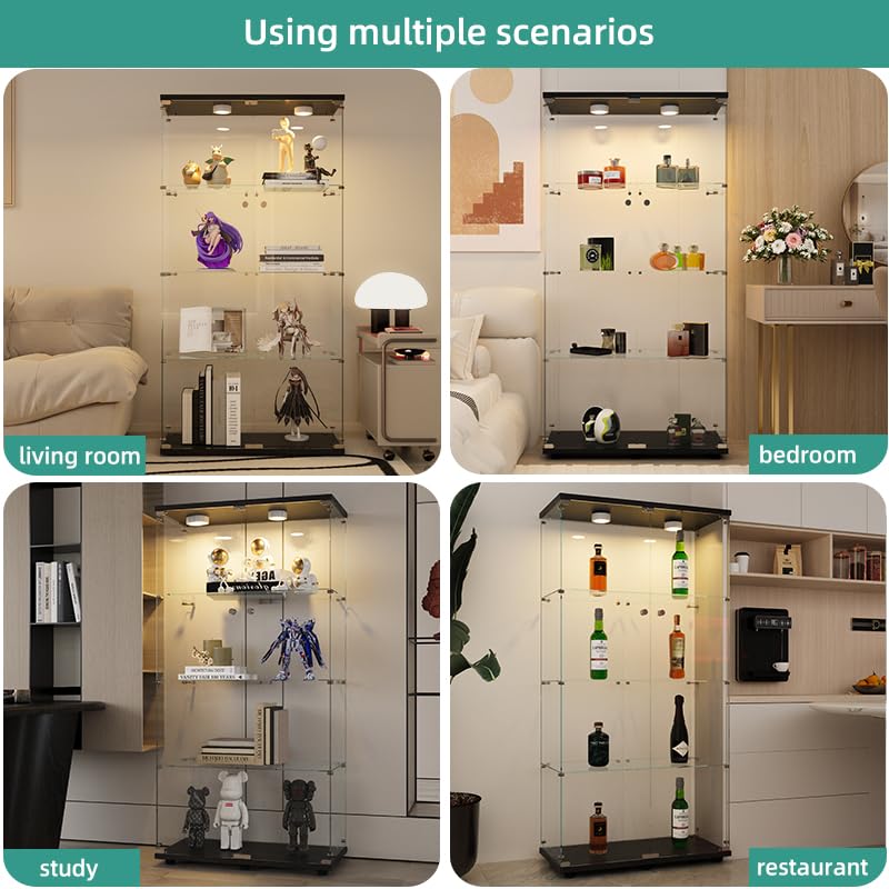 Glass Display Cabinet with LED Lights & Lock - Clear Curio Cabinet for Collectibles, Action Figures & Anime - 4 Shelf Double Door (Black) - Perfect for Home, Office & Retail Store Displays