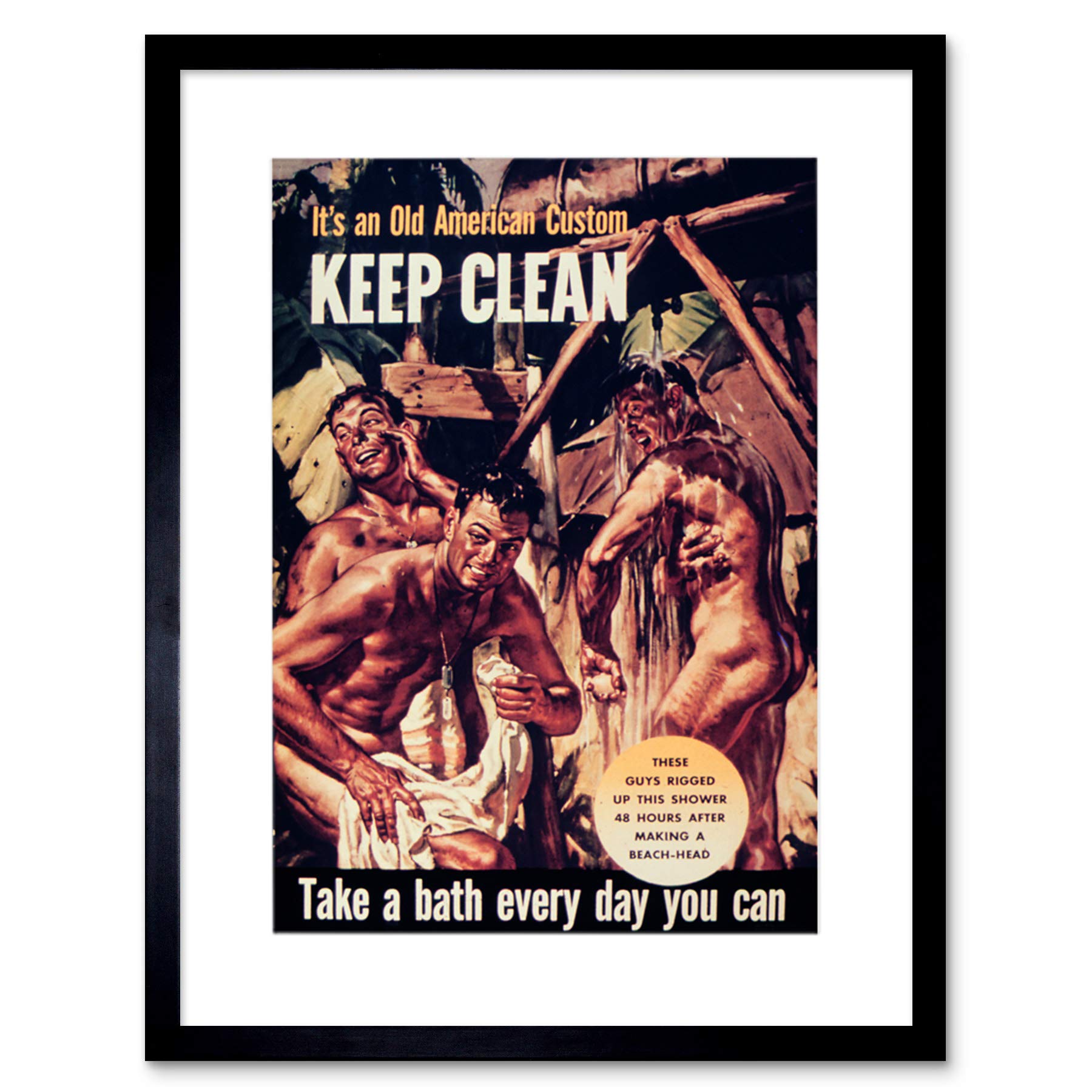 Vintage WWII Soldier Bath & Shower Black Framed Art Print - Military History Decor for Home, Office & Man Cave - Perfect Gift for Veterans & History Enthusiasts