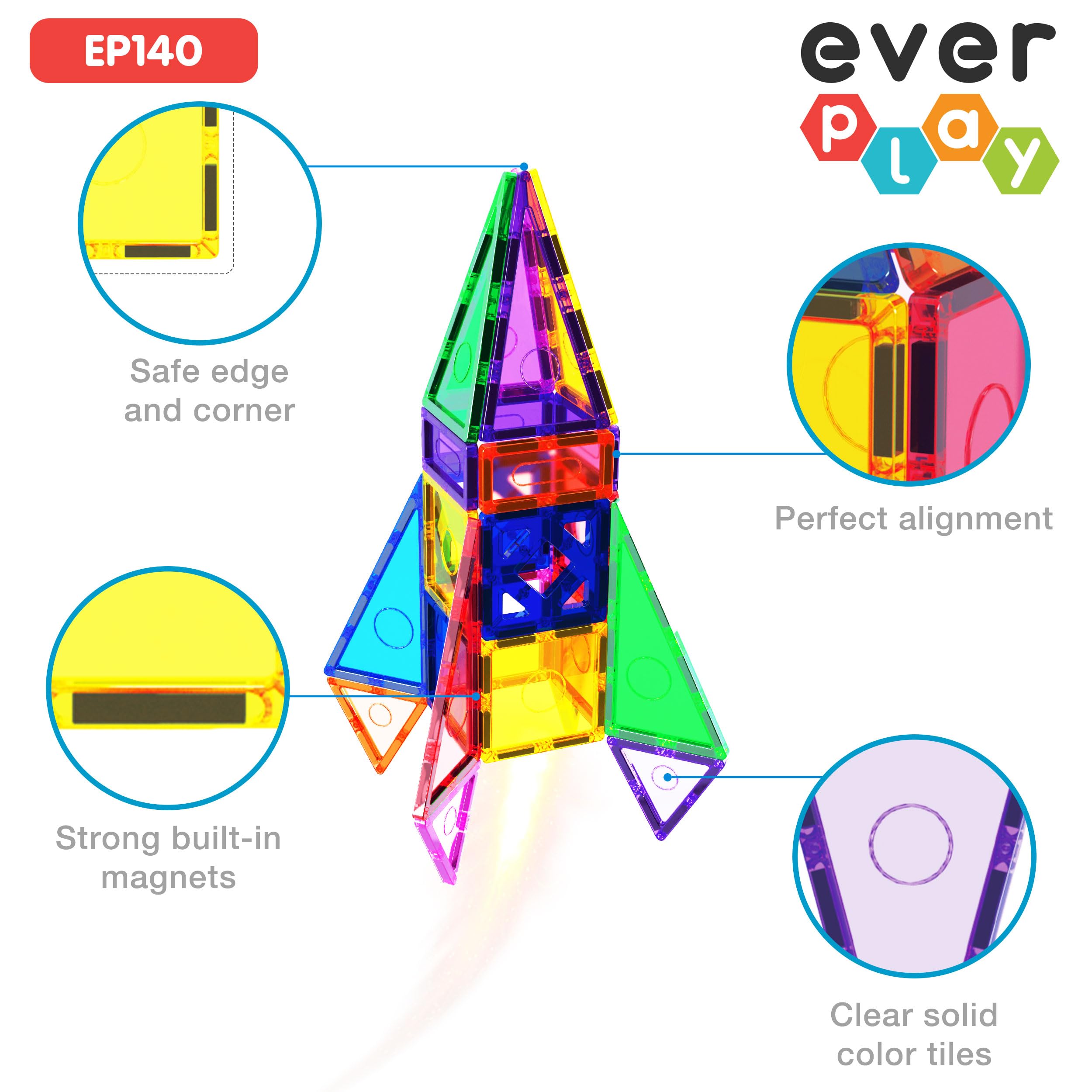 Everplay 140pc Magnetic Tiles Castle Rocket STEM Toy - Educational Building Blocks for Kids 3+ | Preschool Learning & Creative Play