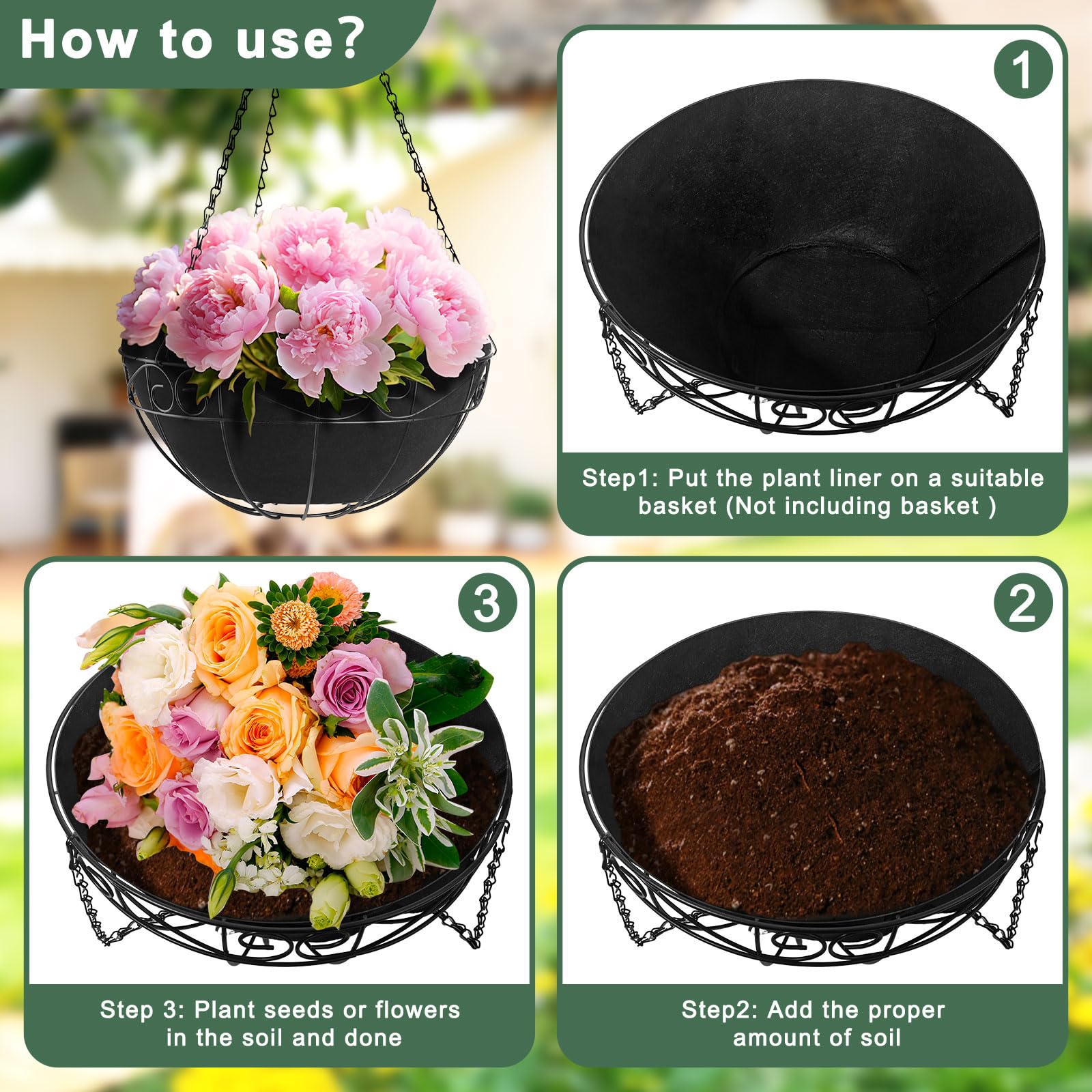 Non-Woven Fabric Plant Grow Bags - 2 Pack 12 Inch Round Hanging Basket with Coco Liner, Trough Shaped Wall & Deck Mount Planters for Window Box Replacement - Perfect for Indoor/Outdoor Gardening, Vertical Planting & Home Decor