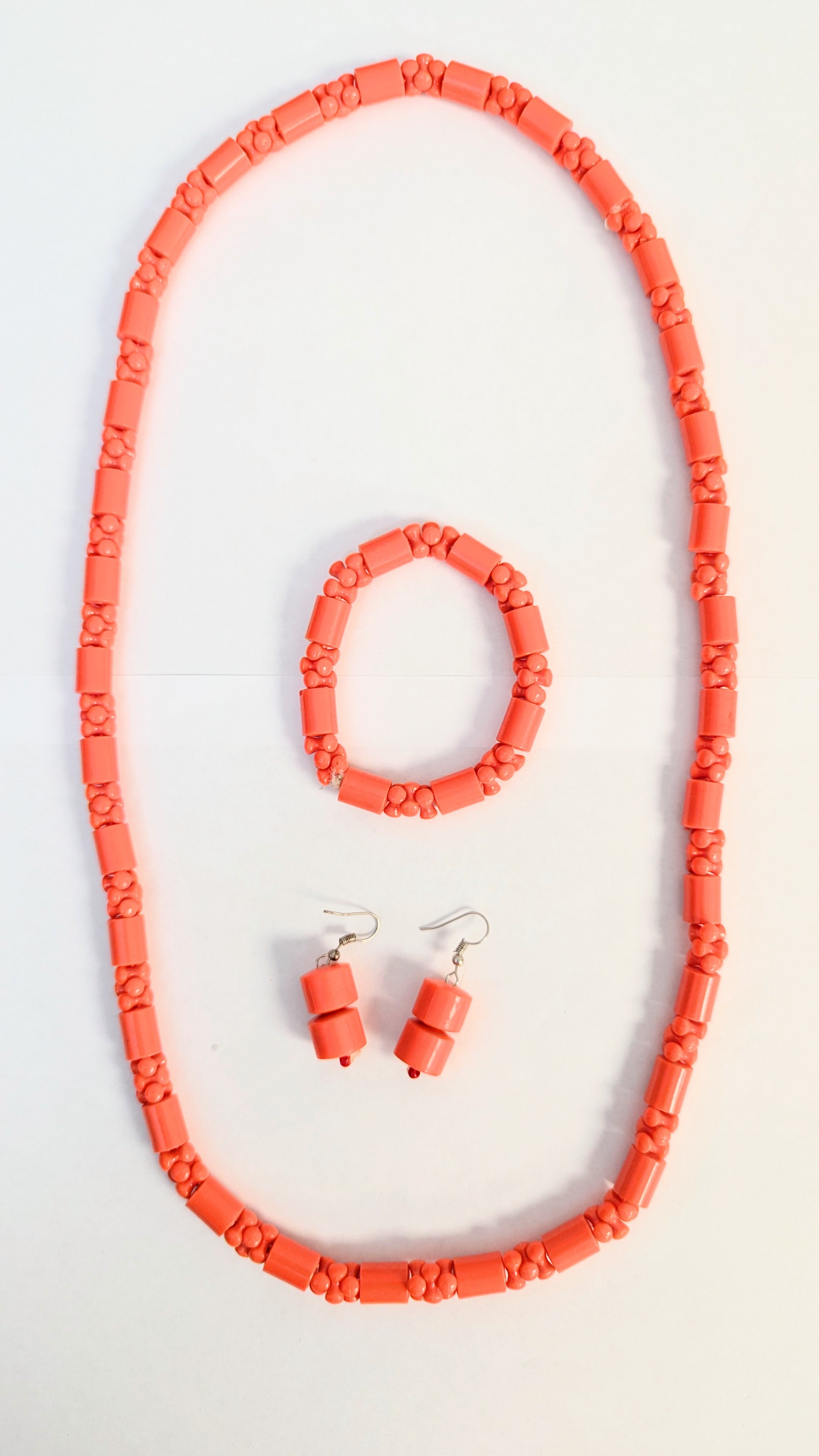 Dupsie's Adaobi Igbo Edo Coral Red Beaded Jewelry Set - 4 Piece African Necklace, Bracelet & Earrings - Handmade Tribal Bead Accessories for Women - Perfect for Weddings, Cultural Events & Afrocentric Fashion