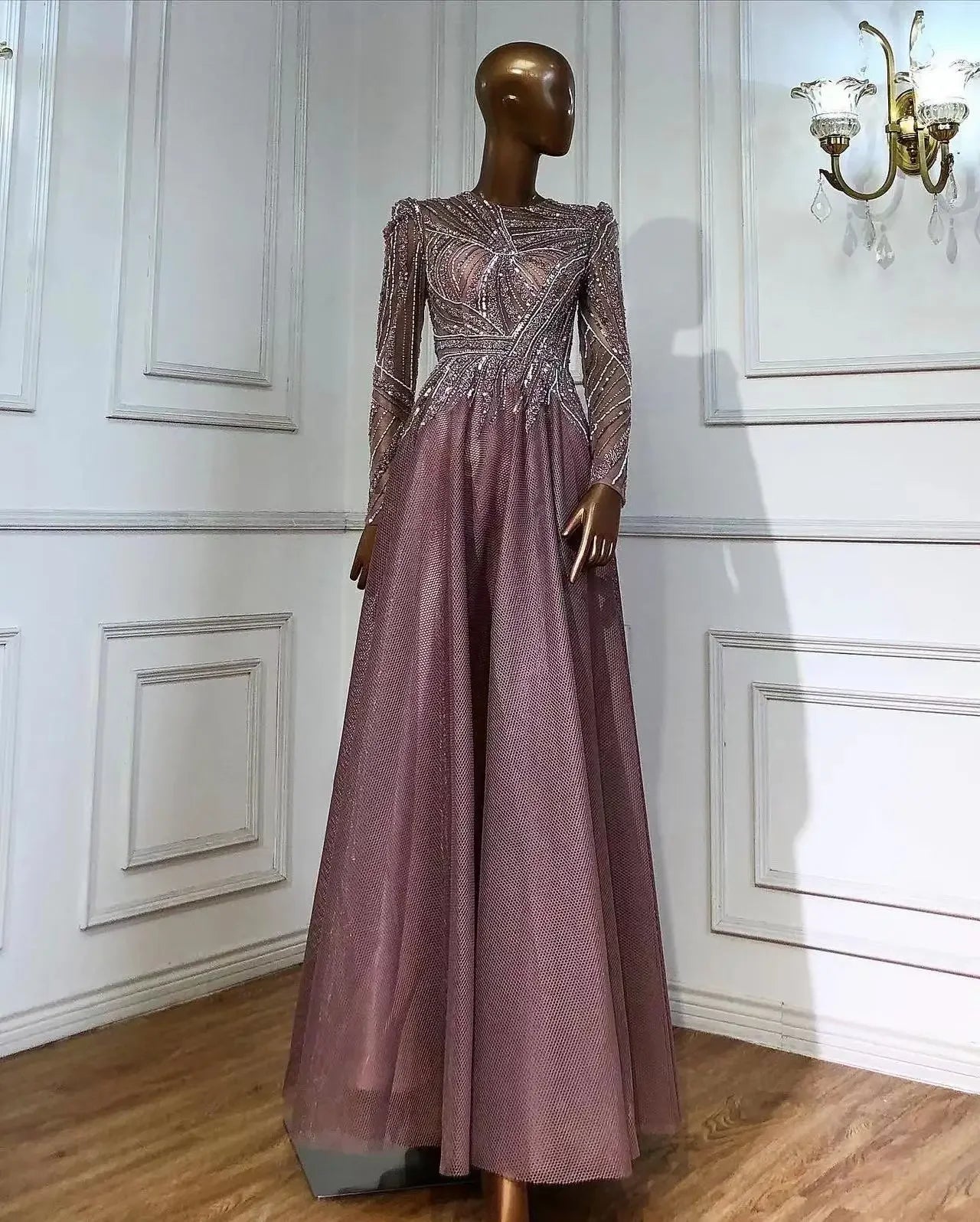 Serene Hill Muslim Pink A-Line Beaded Luxury Evening Dress Gown for Women - Wedding, Party, Prom, Formal Events - Elegant Long Sleeve Floor-Length Dress LA71290A