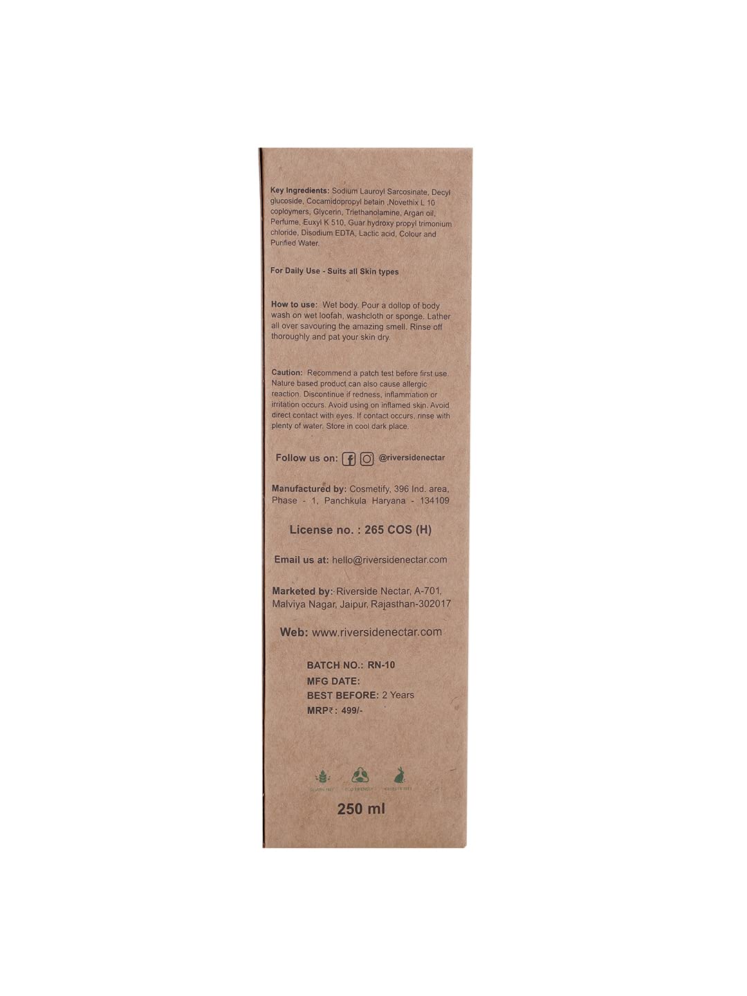 Riverside Nectar Argan Oil & Glycerin Body Wash - Organic, Hydrating, Cruelty-Free Shower Gel (250ml Pump Bottle) | Deep Moisturizing for Dry Skin, Daily Body Cleanser for Soft & Smooth Skin