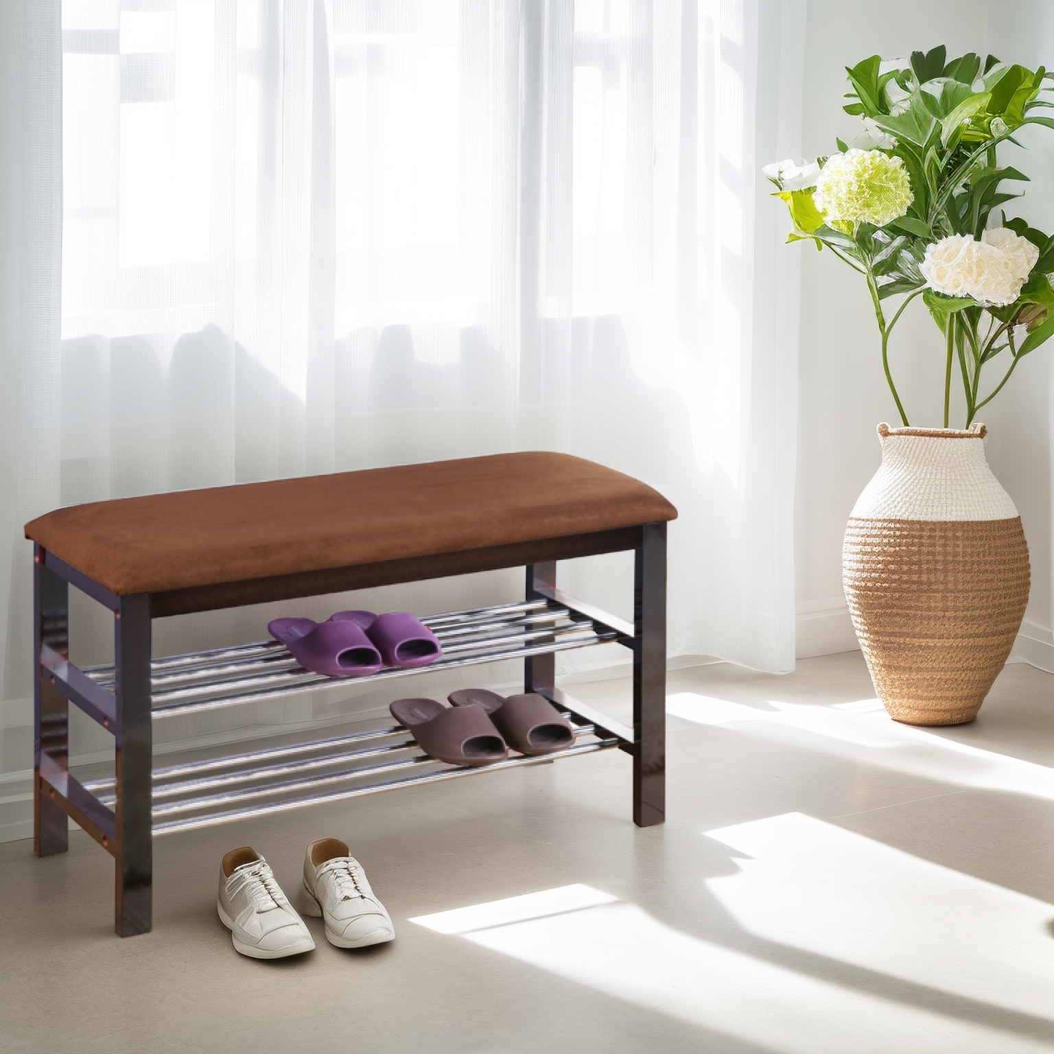 Roundhill Furniture Wood Shoe Bench with Chocolate Microfiber Seat - Black Entryway Shoe Storage Bench for Hallway, Bedroom & Mudroom Organization