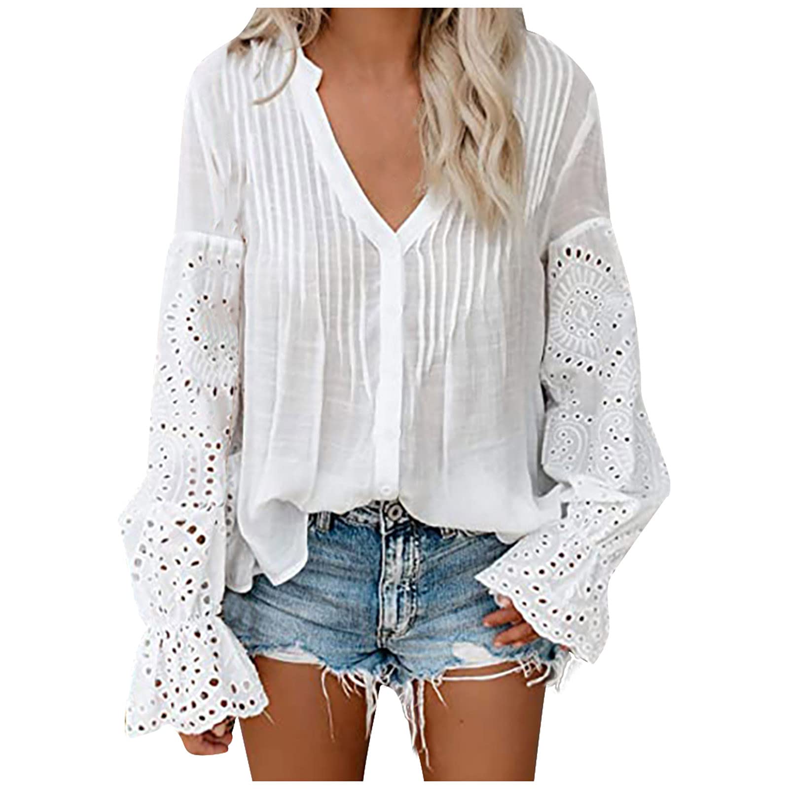 Gumiao Women's Long Sleeve V-Neck Flared Blouse - Solid Color Casual Loose Fit Shirt for Women | Perfect for Office Wear, Date Nights & Everyday Outfits
