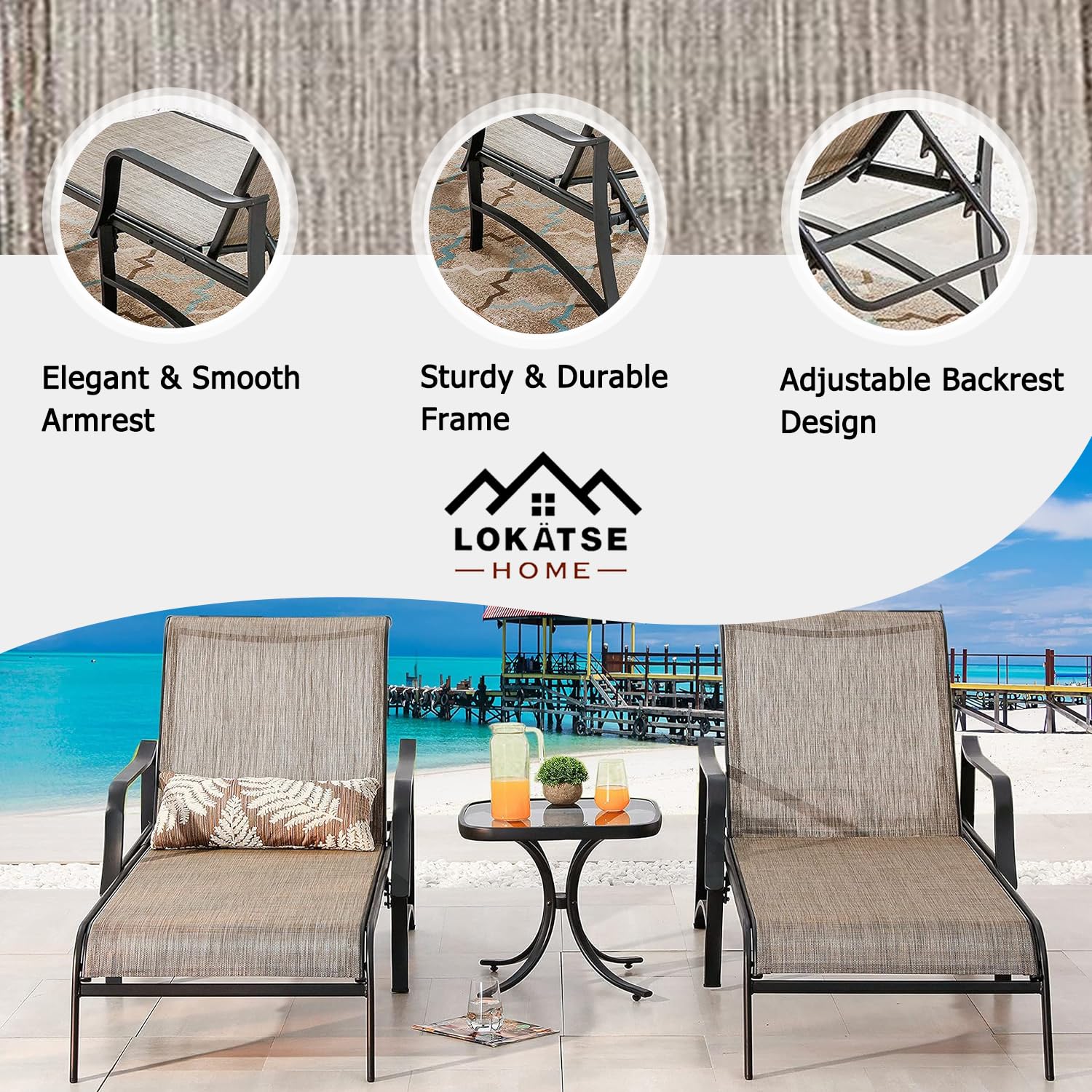 LOKATSE HOME 3-Piece Outdoor Chaise Lounge Set with Adjustable Back - Steel Frame Patio Pool Chairs & Coffee Table in Grey - Perfect for Backyard, Poolside, and Garden Relaxation