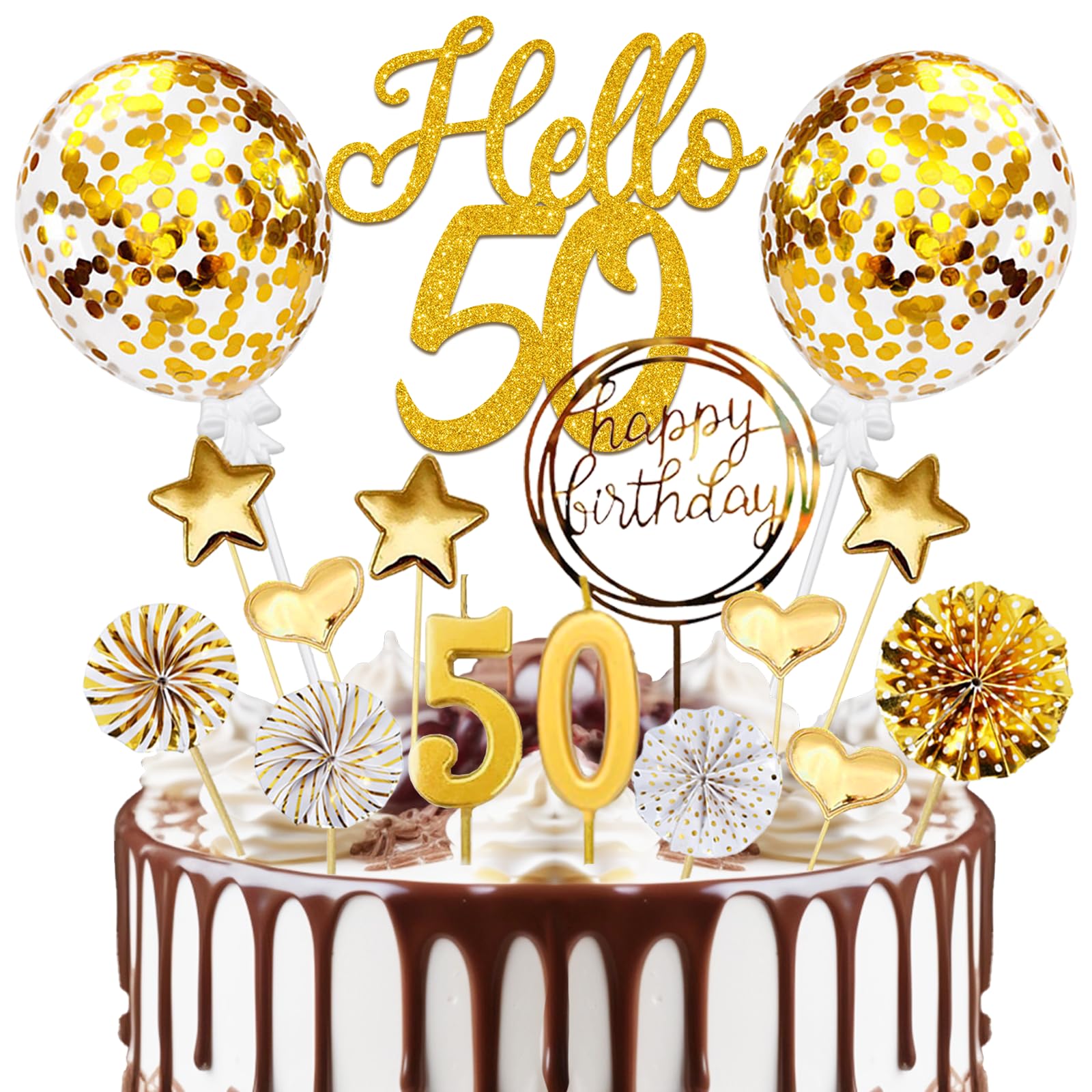 50th Birthday Cake Decorations Set - 20-Piece Gold Hello 50 Cake Toppers with Birthday Candles for Anniversary Celebration | Perfect for Milestone Birthday Cakes, Retirement Parties & Golden Jubilee Decorations