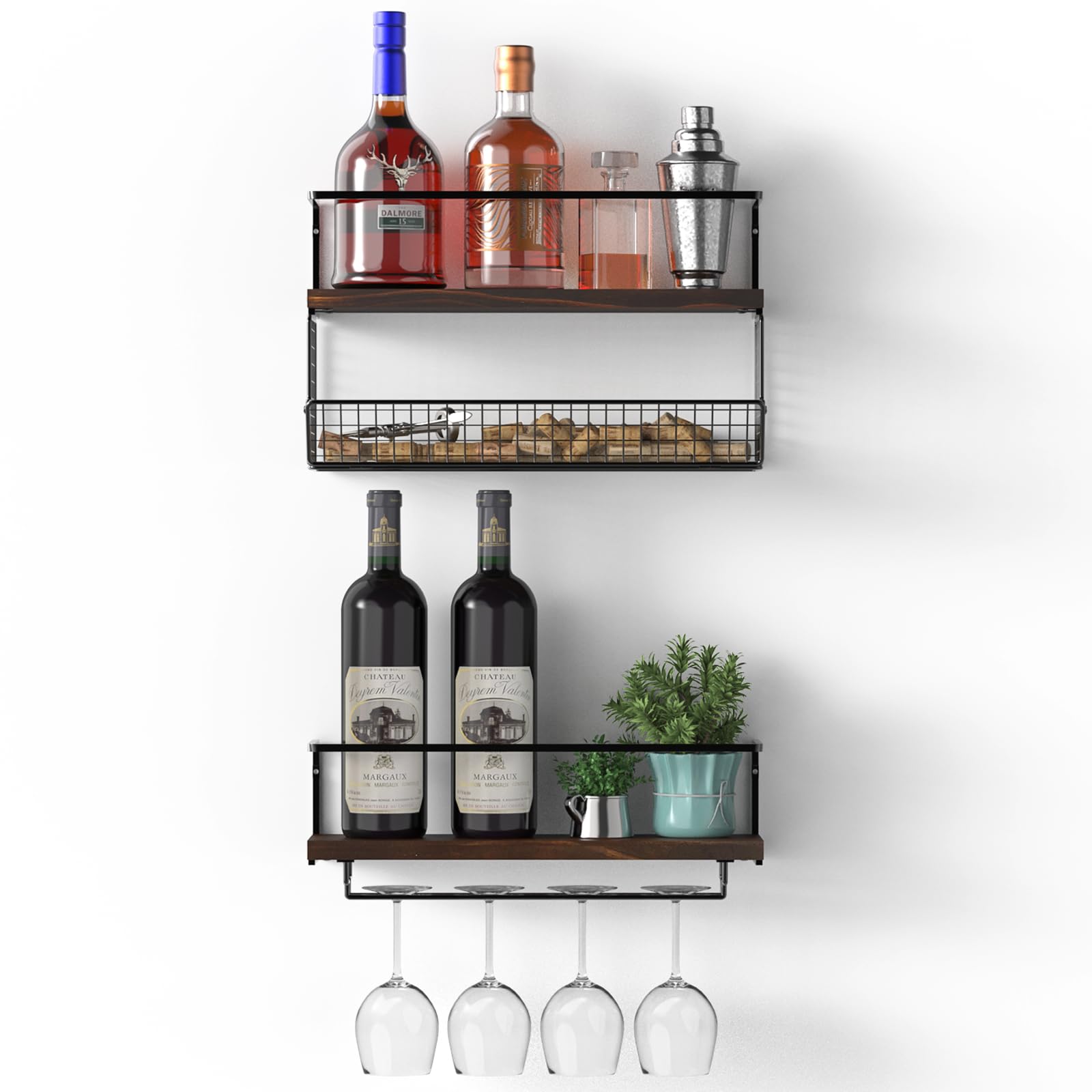 2-Pack Wall Mounted Wine Rack with Mesh Basket & Glass Holder - Rustic Brown Wine Bottle Storage Shelf for Kitchen, Dining Room, Bar Decor - Perfect for Organizing Wine Collections & Displaying Favorite Bottles