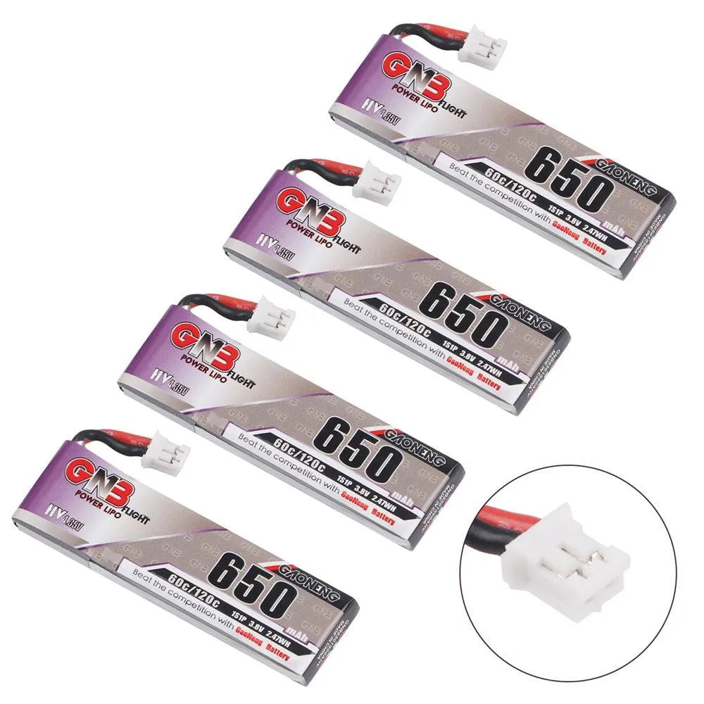 GNB 4-Pack 650mAh 1S 3.8V High Voltage LiPo Battery 60C with JST PH 2.0 Connector - Compatible with FPV Drones, Whoop, mCPX - Perfect for Racing, Freestyle Flying & Long Flight Time