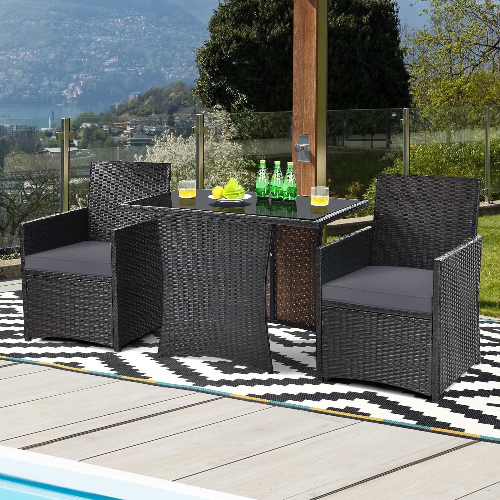 Tangkula 3-Piece Outdoor Dining Set - Space-Saving PE Rattan Bistro Set with Tempered Glass Table & Cushioned Chairs, Patio Conversation Set for Garden, Backyard, Poolside, Porch (Gray) - Perfect for Outdoor Entertaining, Relaxing & Dining Al Fresco