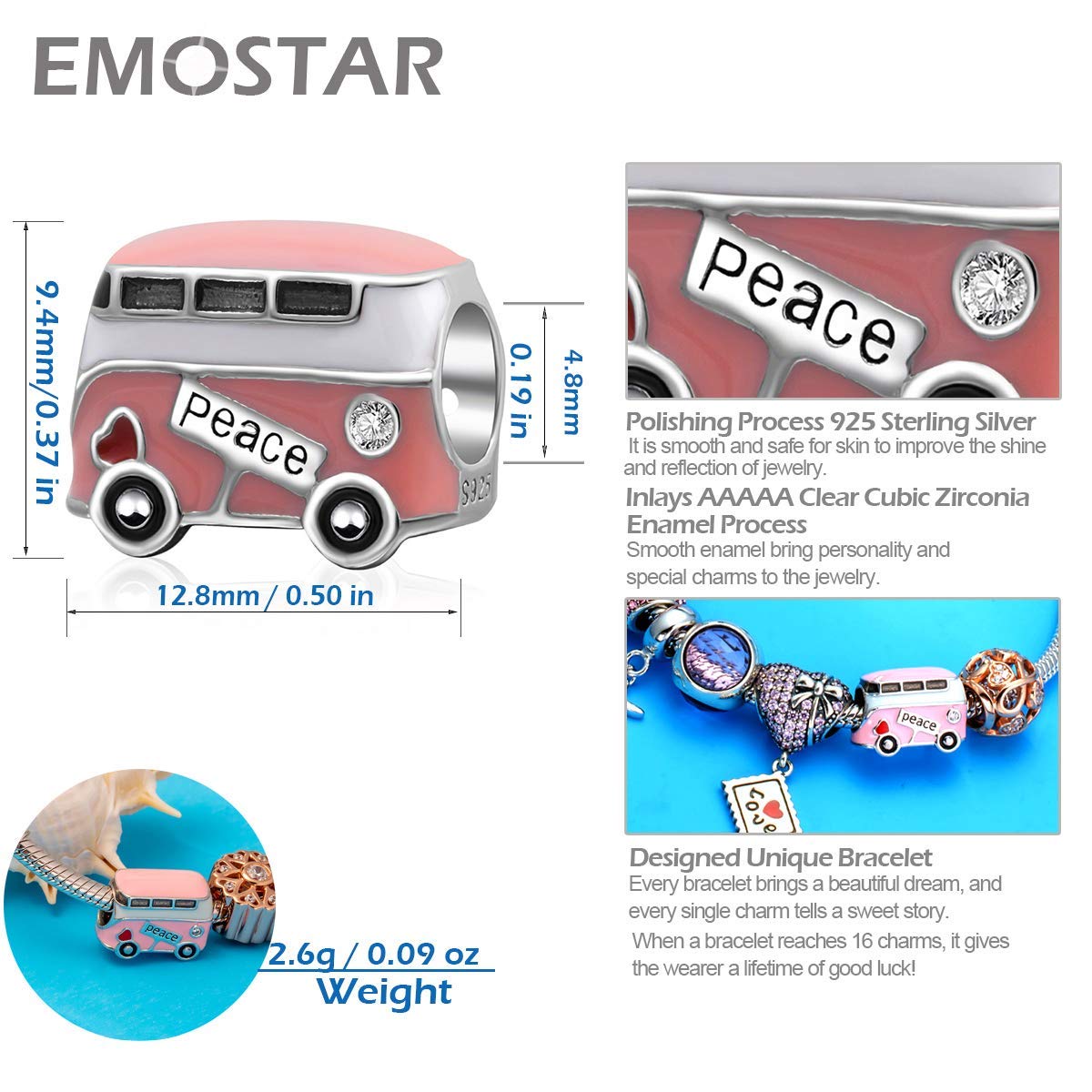 EMOSTAR 925 Sterling Silver Travel Charms Set - DIY Bracelet Charms, Passport Jewelry & Pink Peace Bus Pendants - Perfect Gift for Mother's Day, Summer & Christmas - Ideal for Travel Lovers, Vacation Accessories & Sentimental Jewelry Gifts