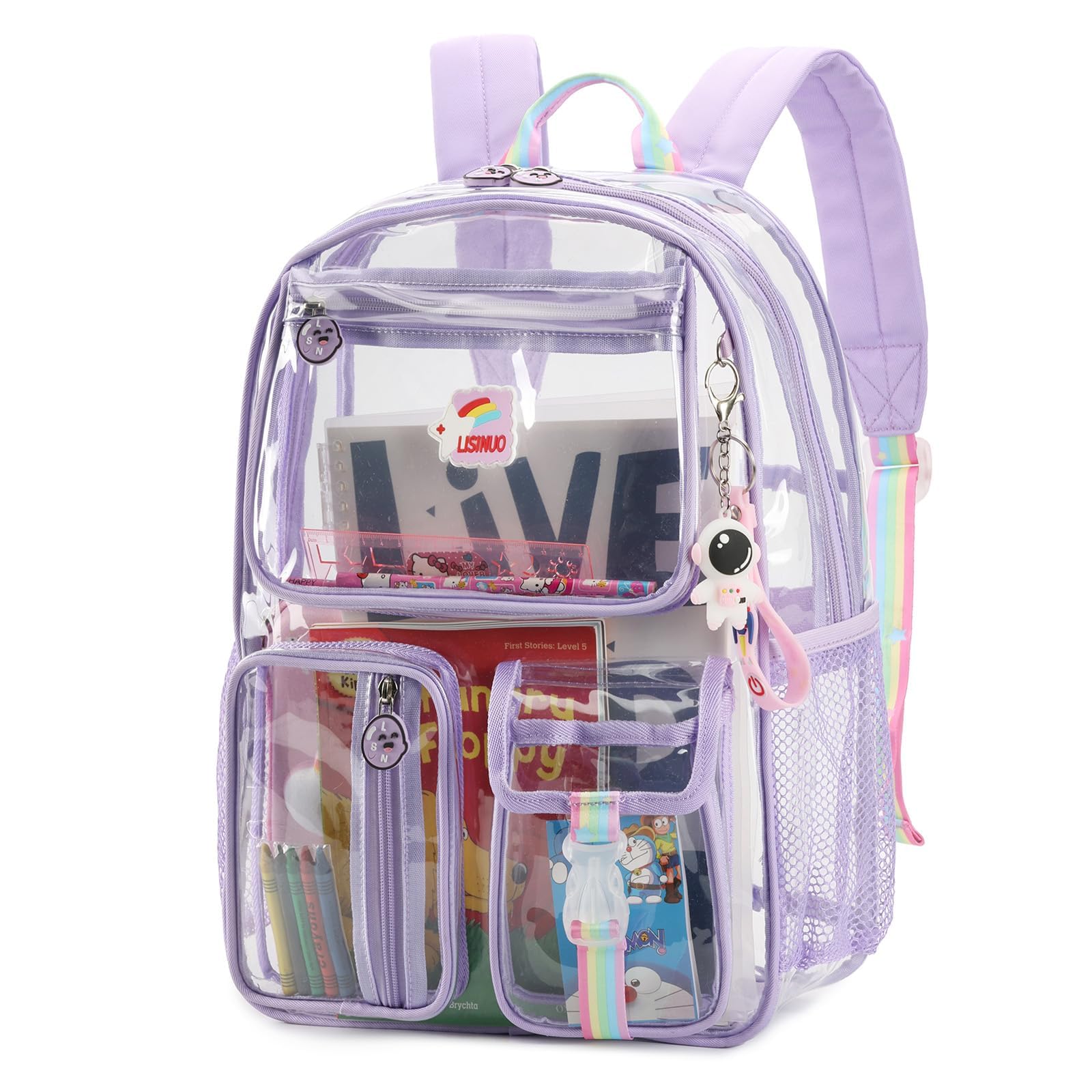 Clear Heavy Duty Transparent Backpack for School & Travel - Stadium Approved Bookbag with Keychain (Purple) - Perfect for School, Work, Concerts & Security Checkpoints