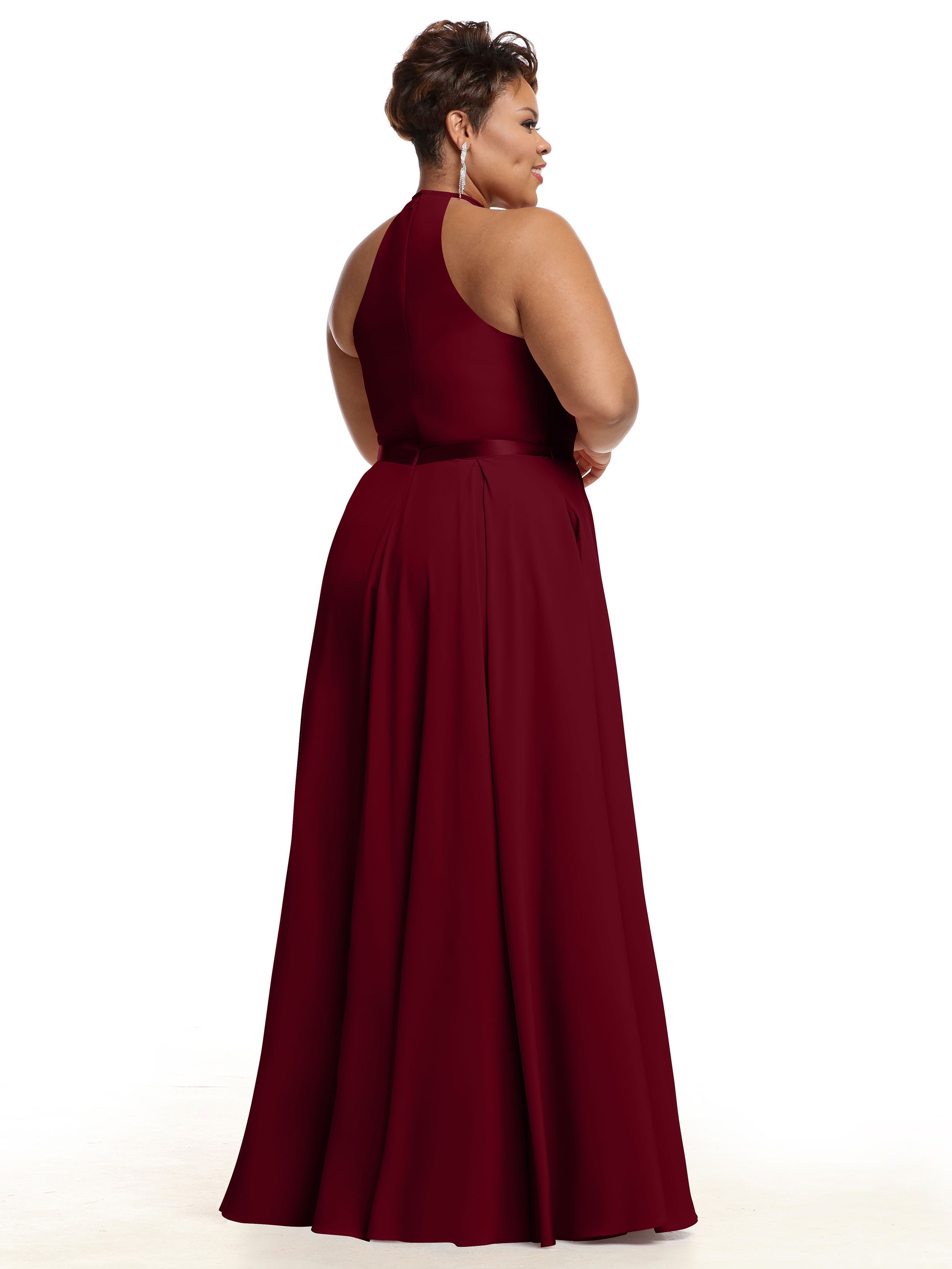 Elegant A-Line Stretch Chiffon Bridesmaid Dress with Halter Neckline & Waist Belt - Perfect for Weddings, Parties & Formal Events