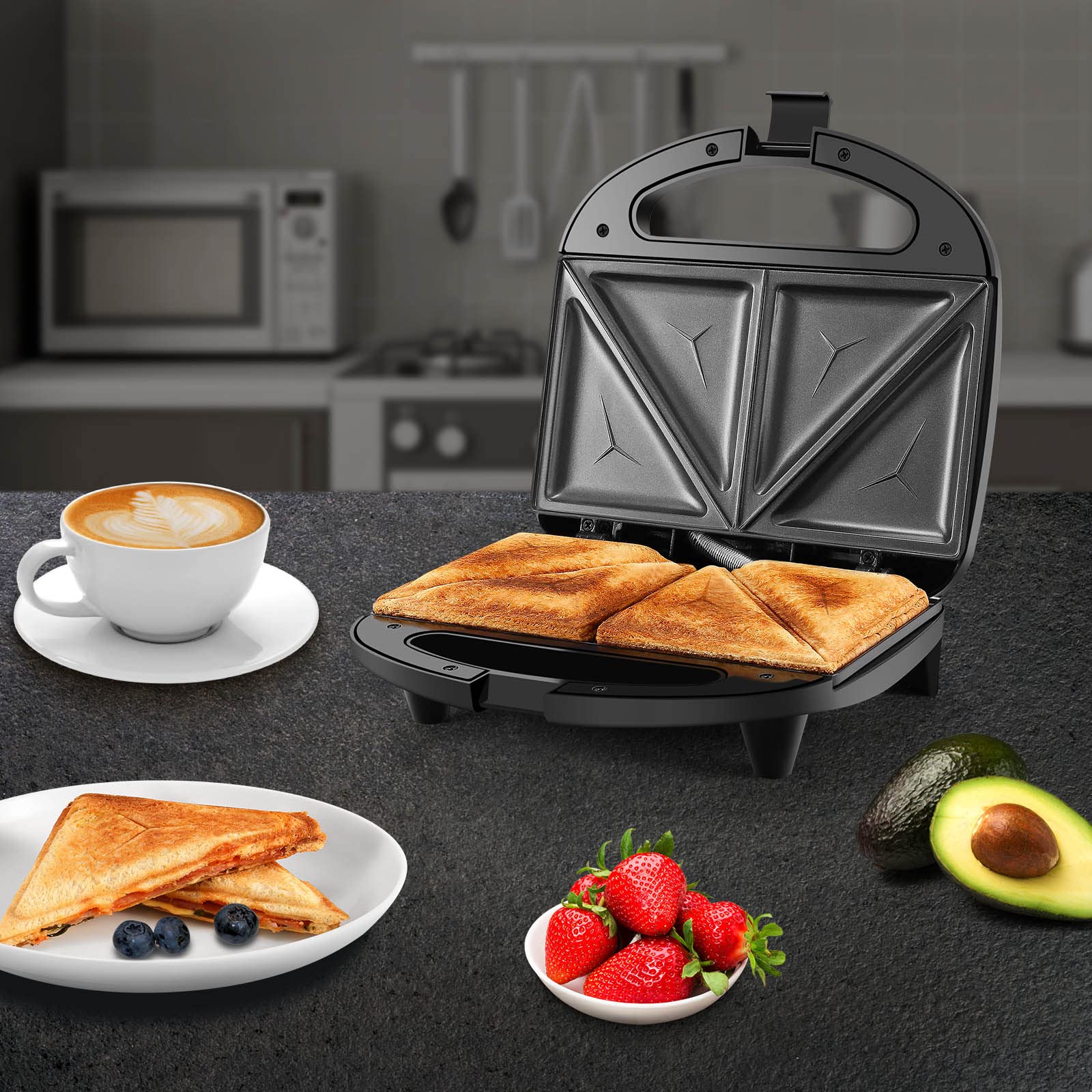 OSTBA 3-in-1 Sandwich Maker, Panini Press & Toaster - Non-Stick Plates, LED Indicator, Cool-Touch Handle - Perfect for Breakfast, Lunch & Quick Snacks (Black)