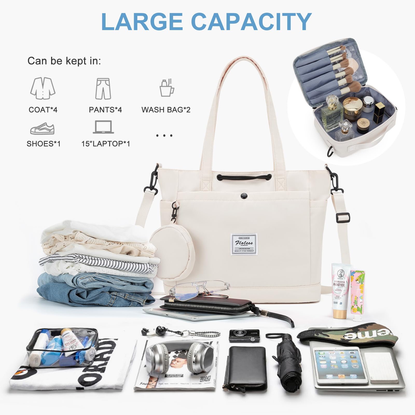 Stylish Waterproof Tote Bags for Women - 3-Piece Travel Set with Toiletry Bag & Crossbody Purse | Perfect for Gym, Work, Beach & Shopping Trips | Durable Carry-On Handbag in Off-White