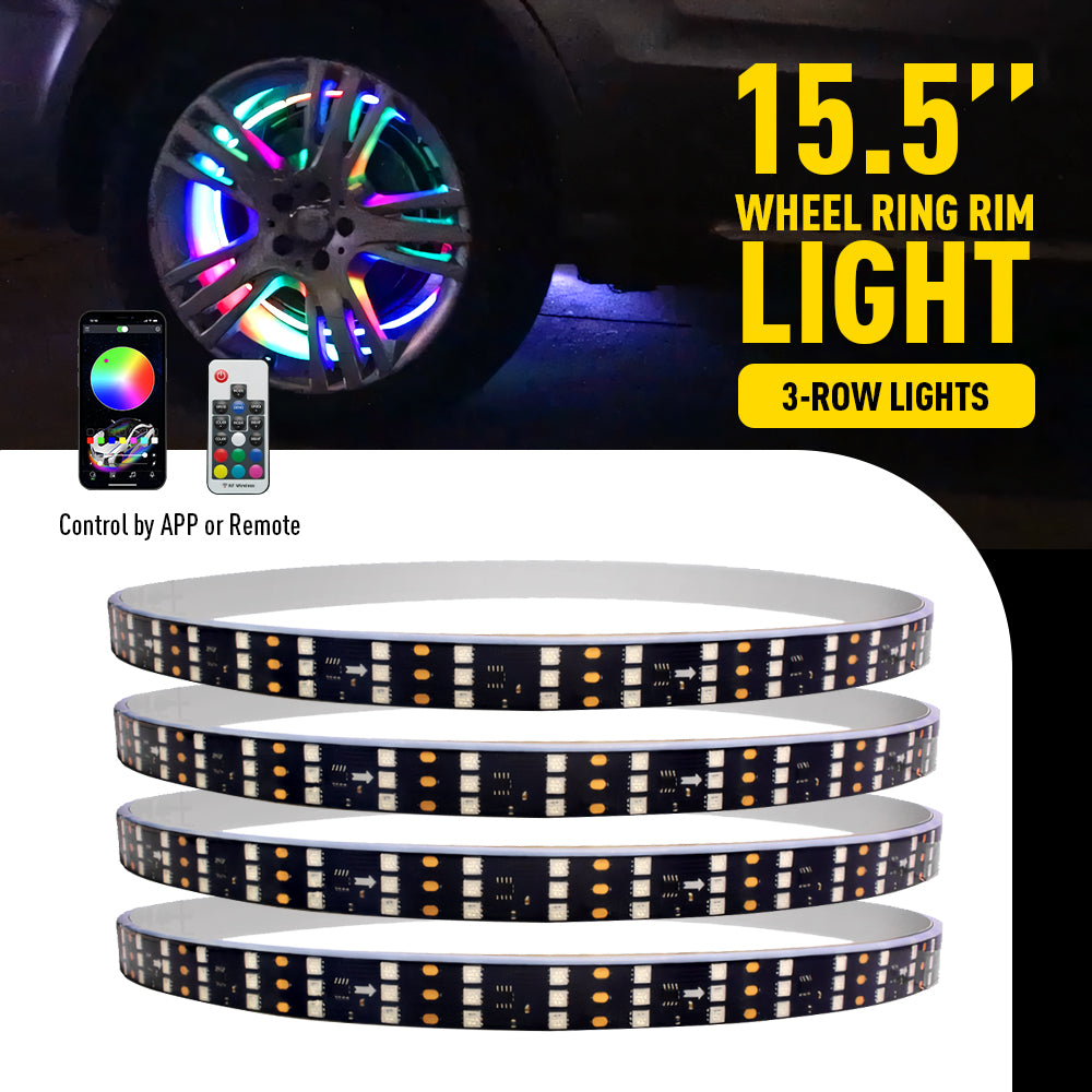 4 Pack 15.5 Inch LED Wheel Ring Lights - RGB Color Changing with Brake, Chase & Turn Signals for Cars & Trucks - APP & Remote Control - Perfect for Off-Roading, Car Shows & Night Cruising
