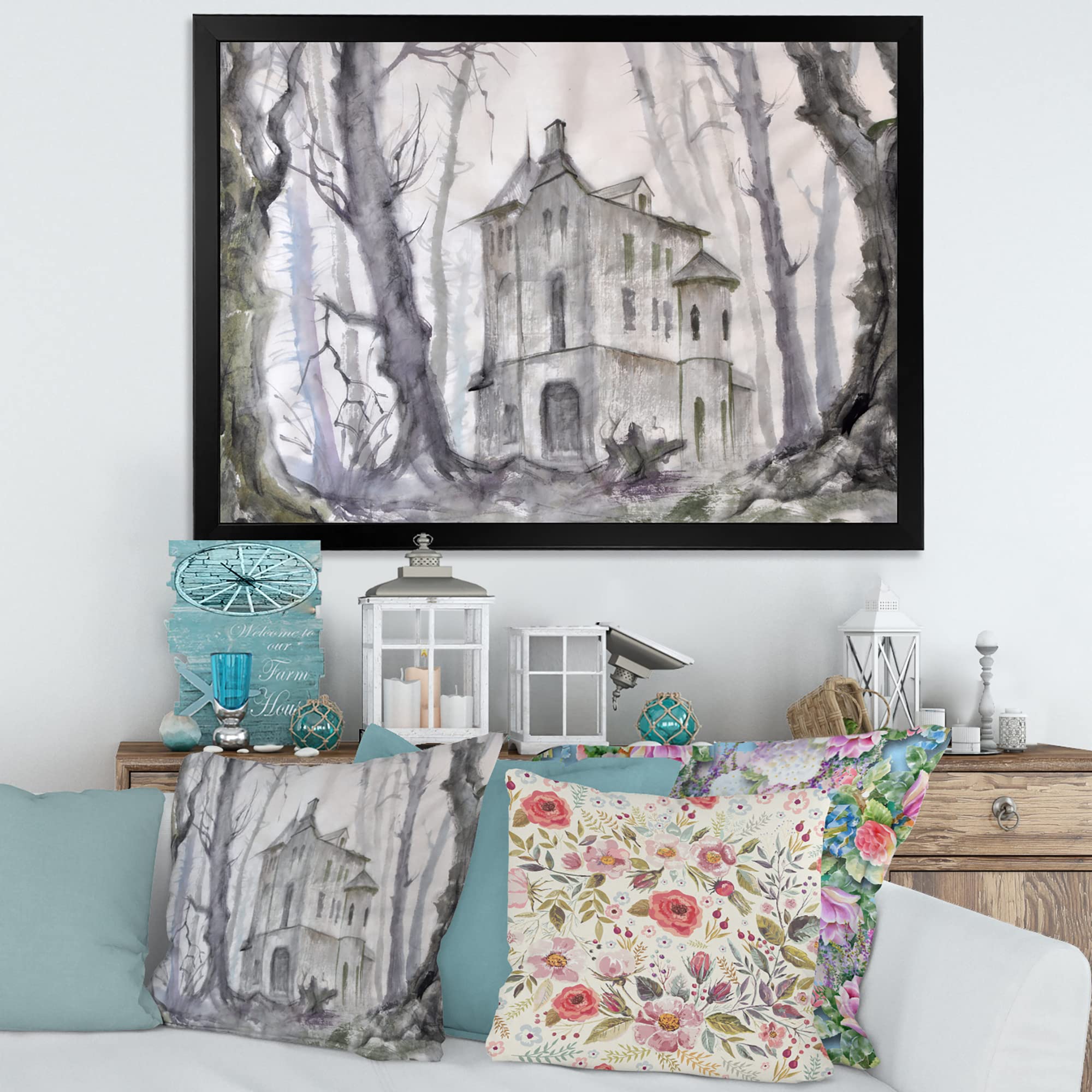 Haunted Castle in the Woods Gothic Wall Art - Traditional Framed Canvas Painting for Halloween Decor, Living Room & Bedroom Wall Decor