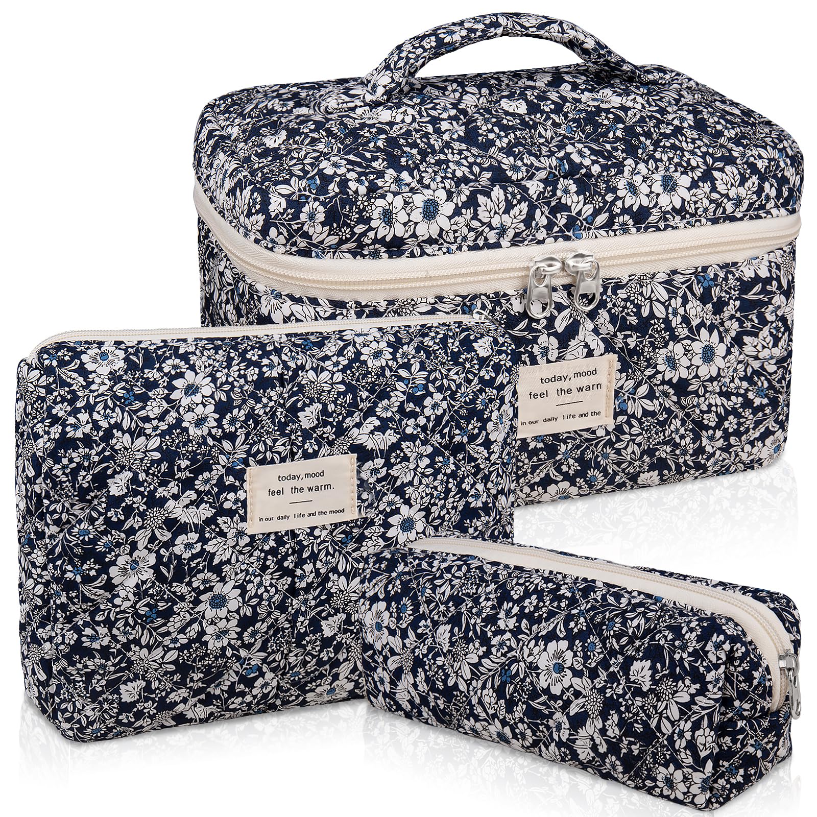 Quilted Makeup Bag Set for Women - 3pc Large Floral Cosmetic Bags, Cute Cotton Travel Toiletry Organizer with Flower Design (Black Rose) | Perfect for Travel, Gym, and Daily Beauty Storage