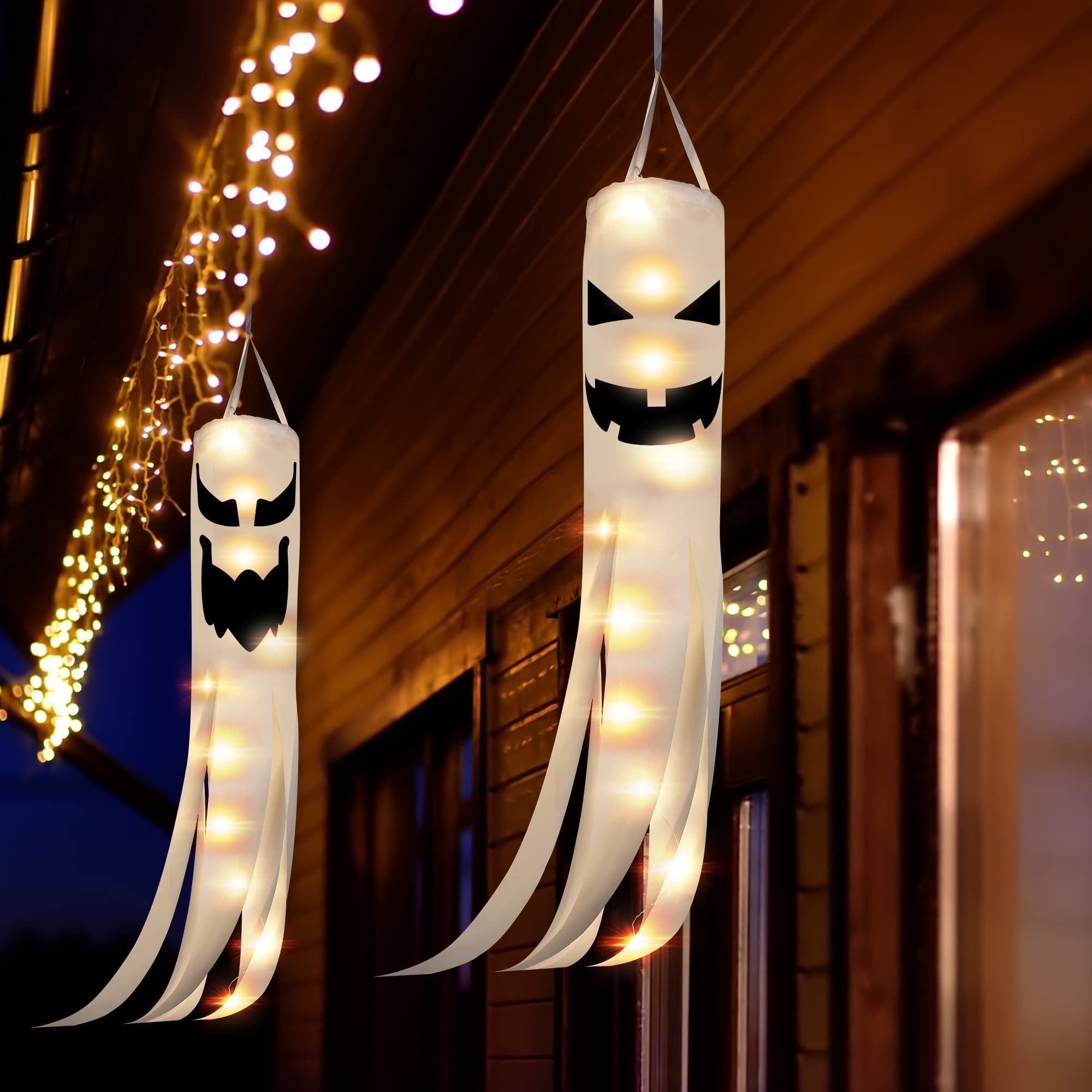 2 Pack Halloween Ghost Windsocks with LED Lights - Outdoor Fall Decorations for Patio, Garden & Party - Battery Operated with 2 Lighting Modes - Spooky Hanging Decor for Halloween Night & Autumn Festivals