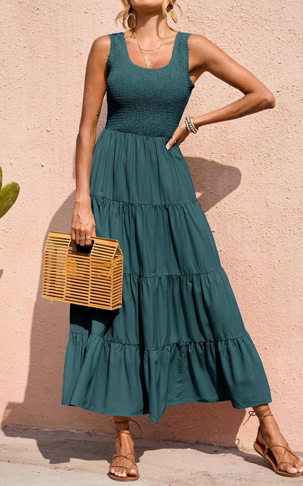 PRETTYGARDEN Women's Casual Loose Plain Maxi Sundress - Smocked Tank Dress Sleeveless Summer Beach Tiered Long Dress for Vacation, Pool Party & Outdoor Activities
