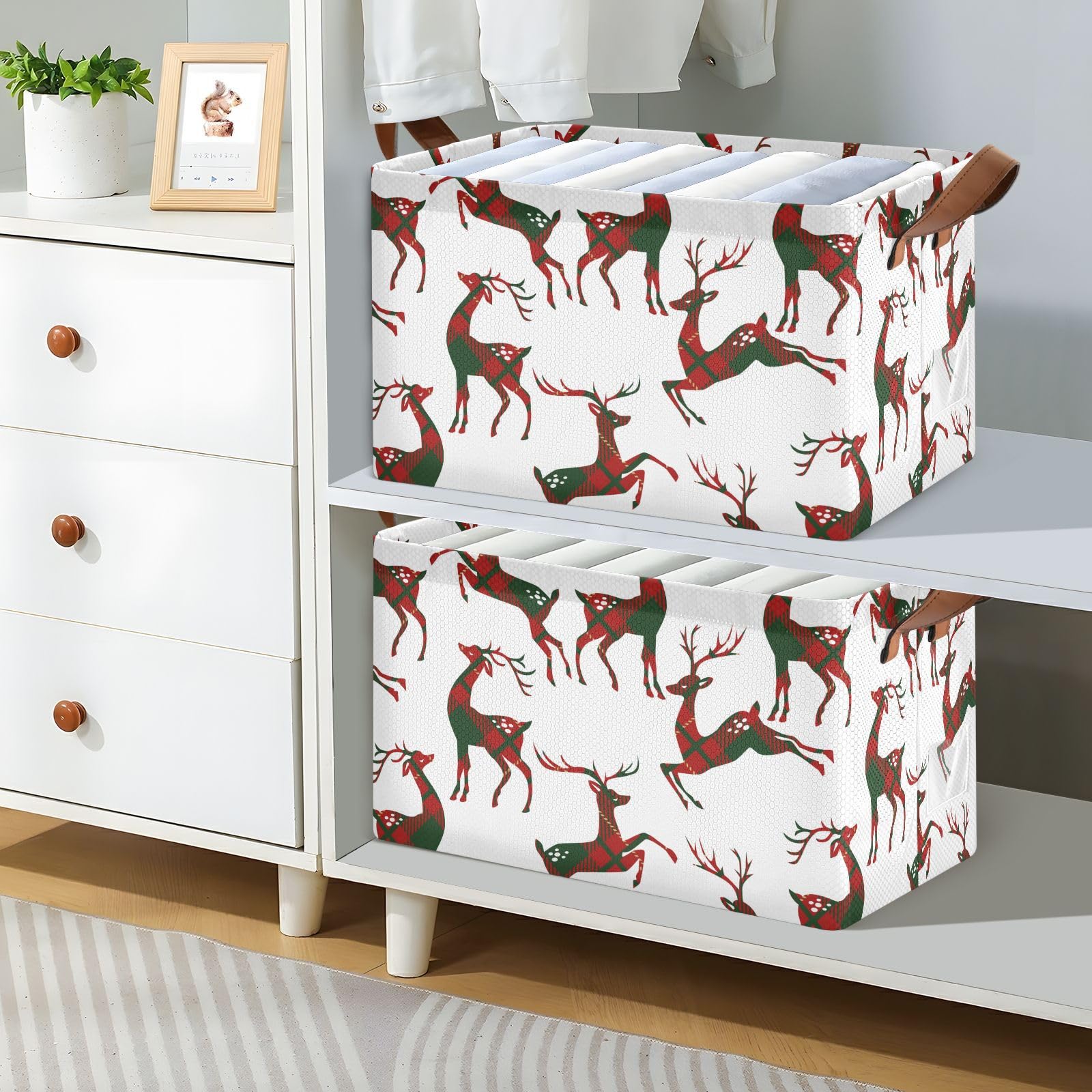 2-Pack Large Fabric Closet Organizers with Metal Frame - Deer Plaid Storage Bins for Shelves, Collapsible Clothes Baskets | Perfect for Nursery Organization, Bedroom Storage & Home Closet Decluttering