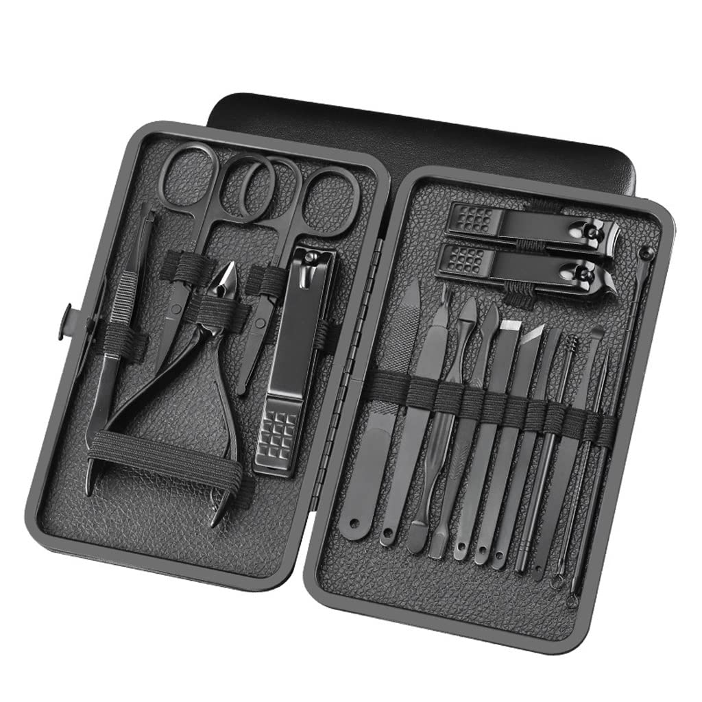 16 Pcs Professional Manicure & Pedicure Kit - Stainless Steel Nail Clippers, Cutters, Scissors & Ear Spoon Set for Home & Salon Use (Black) - Perfect for Nail Care, Grooming & Personal Hygiene