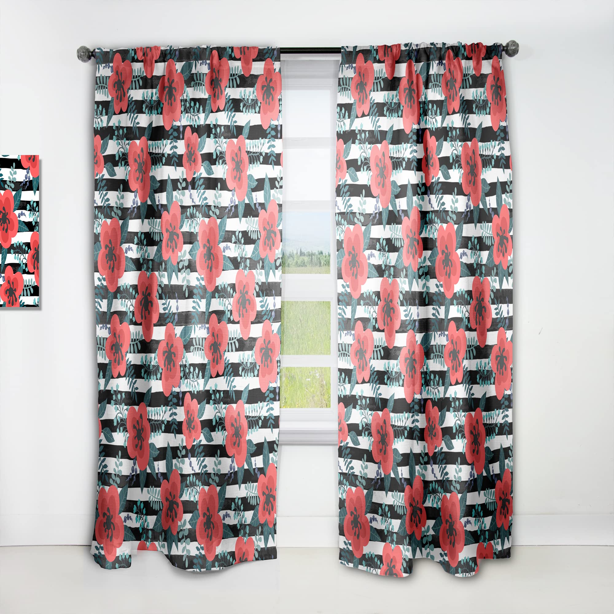 DesignQ Thermal Insulated Curtains - Red Floral Pattern with Leaves, Branches and Berries - Single Panel 52x63 Inches for Bedroom & Living Room - Energy Saving & Blackout Drapes for Home Decor