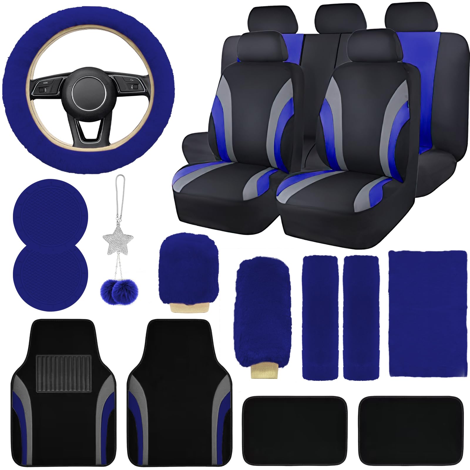 21-Piece Universal Car Seat Covers Set with Waterproof Floor Mats & Fluffy Steering Wheel Cover - Full Automotive Interior Protection for Women, SUV, Sedan (Blue) | Perfect for Road Trips, Commuting & Car Maintenance