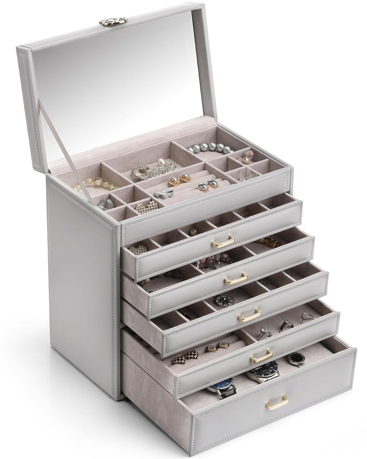 Vlando 6-Tier Large Jewelry Organizer Box with Mirror for Women - Spacious Drawer Storage for Necklaces, Rings, Bracelets & Watches - Perfect Gift for Her - Grey - Ideal for Bedroom Vanity, Closet Organization & Travel Jewelry Storage