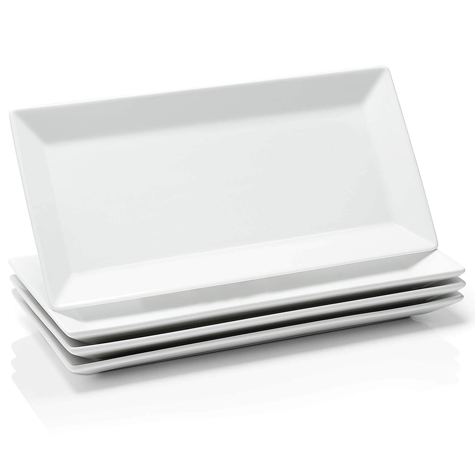 Sweese 12-Inch Porcelain Serving Tray - White Rectangular Platter for Sushi, Meat, Desserts & Cakes | Microwave & Dishwasher Safe Stackable Set of 4 | Perfect for Restaurants, Banquets, Parties & Home Entertaining