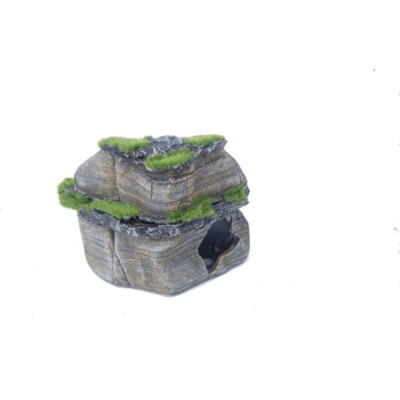 Aquatopia Double Flat Rock with Moss for Aquarium - 13 x 10 x 5cm Decorative Stone for Fish Tank, Terrarium & Reptile Habitat - Natural Aquascaping Decor for Shrimp, Betta & Tropical Fish
