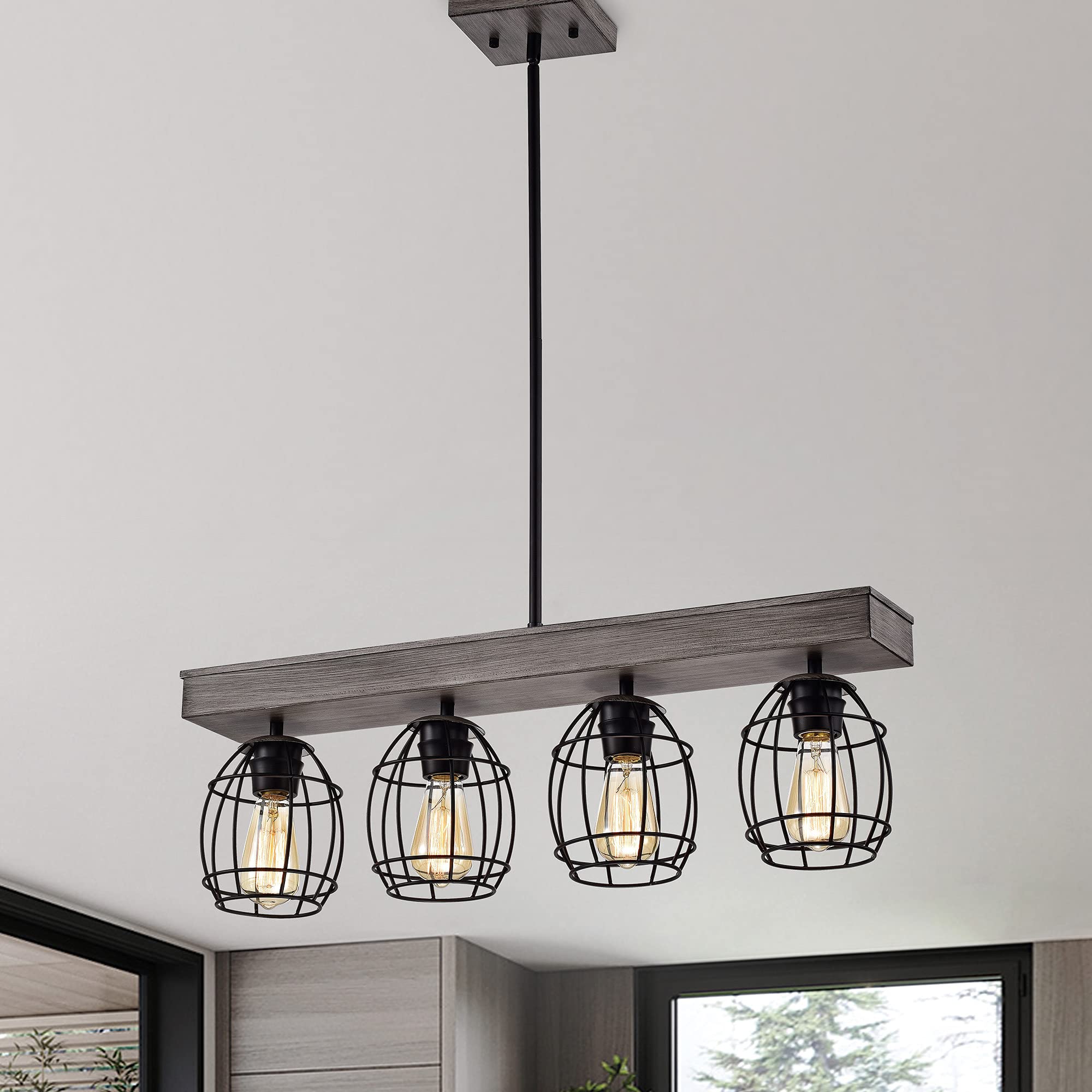 Modern Farmhouse Linear Kitchen Island Pendant Light - 4-Light Black & Wood Chandelier with Cage Design for Kitchen, Dining Room & Breakfast Nook | Rustic Industrial Lighting Fixture for Home Decor