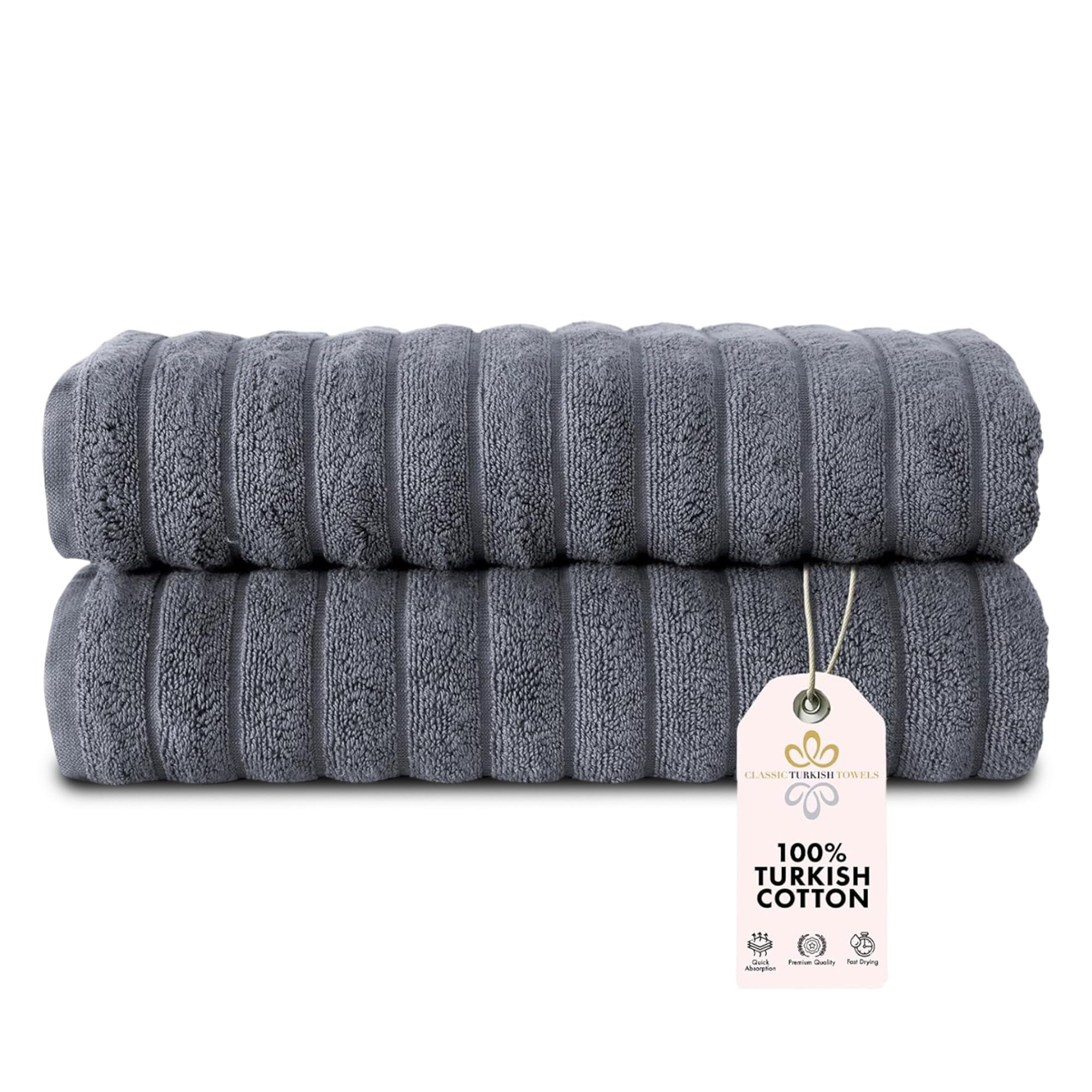 Premium 2 Pack Turkish Cotton Bath Towels Set - 100% Organic, Quick Drying & Ultra Absorbent | 27x54 Inches Grey | Spa, Hotel & Luxury Home Use | Soft & Comfy for Beach, Pool & Bathroom