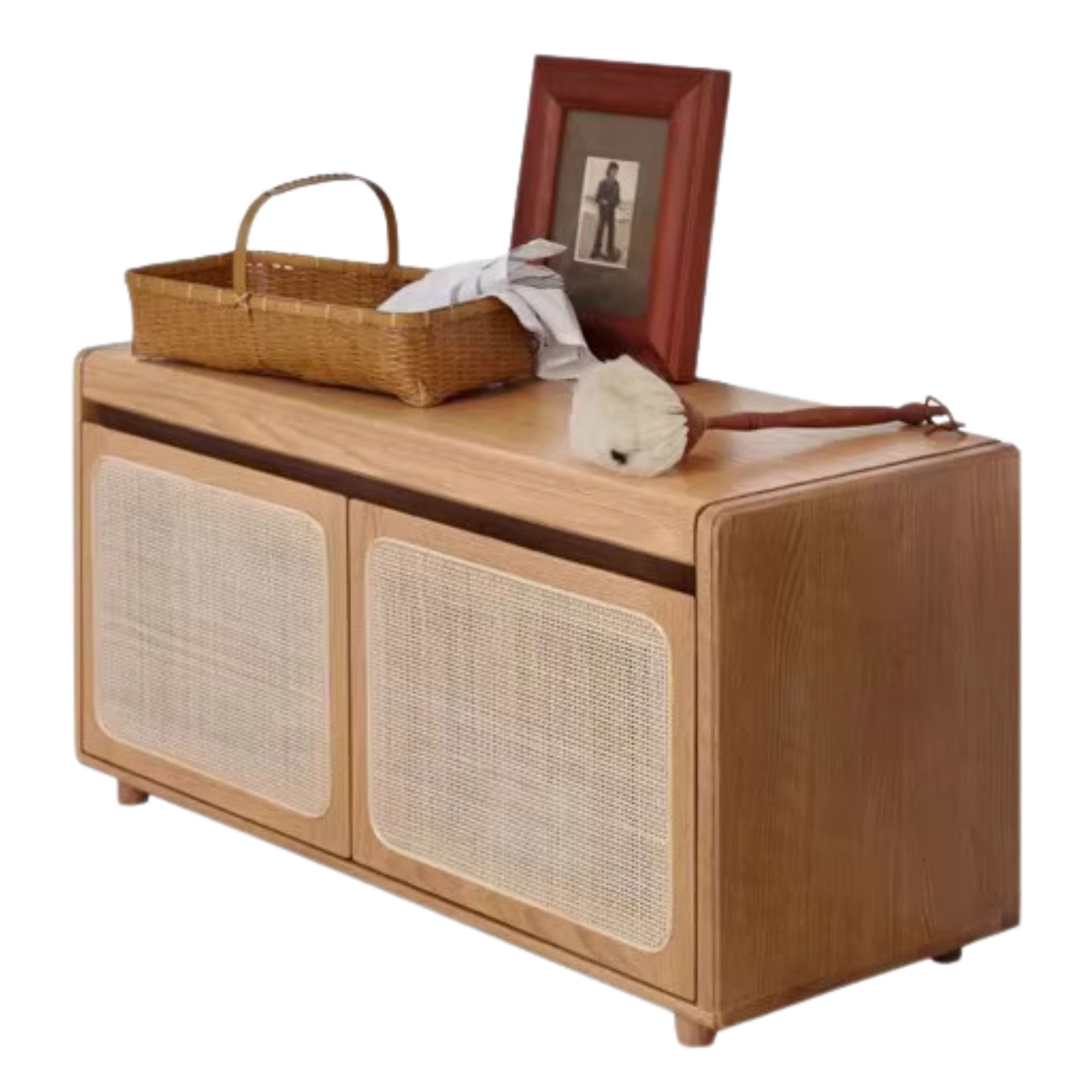 Solid Oak Wood Shoe Storage Bench with Rattan Design - Entryway Organizer for Shoes, Hats & Bags - Perfect for Hallway, Bedroom or Mudroom Decor