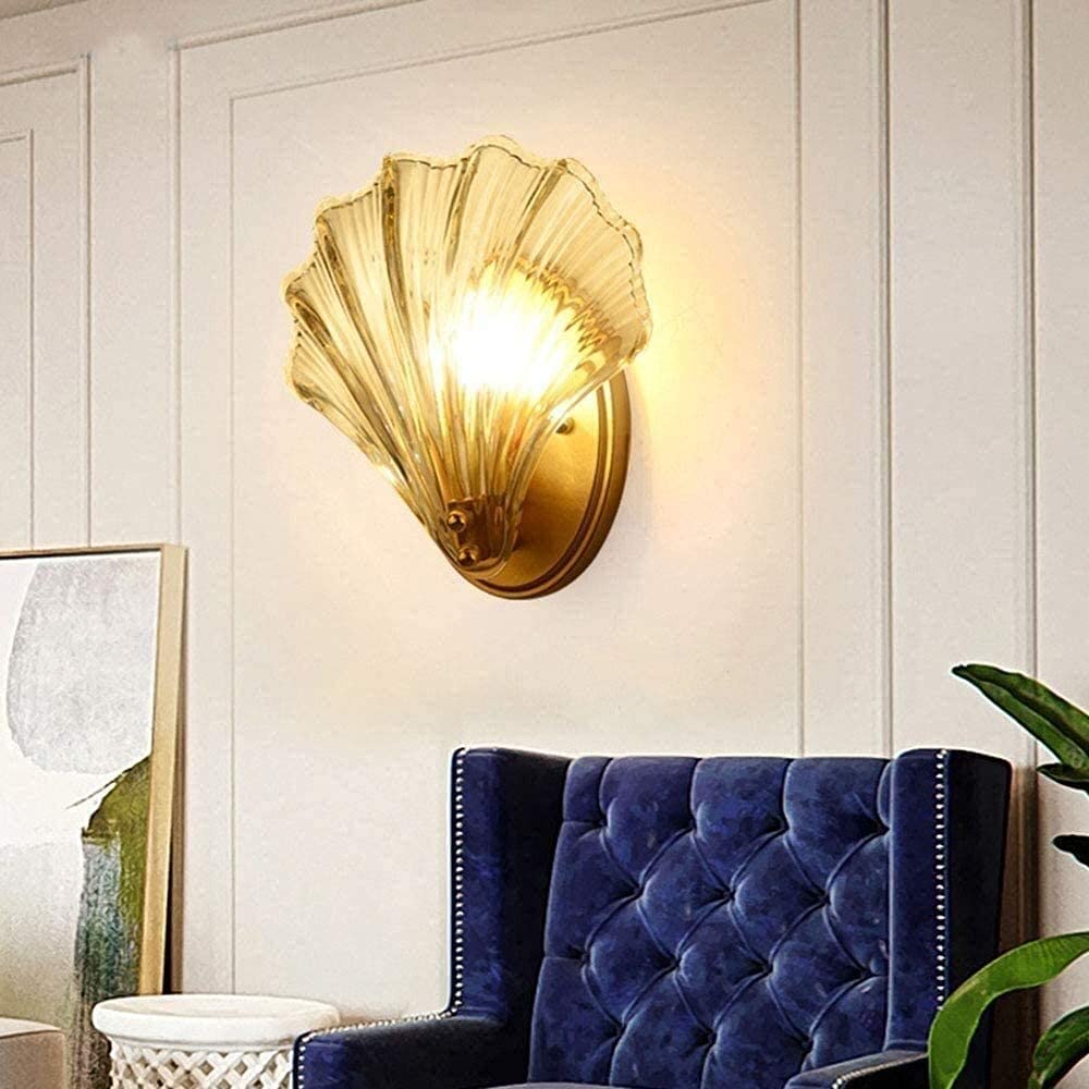 Vintage Metal Wall Sconce with Ribbed Clear Glass - Modern Chandelier Style Retro Shell E14 Wall Lamp for Living Room, Bedroom & Hallway Lighting