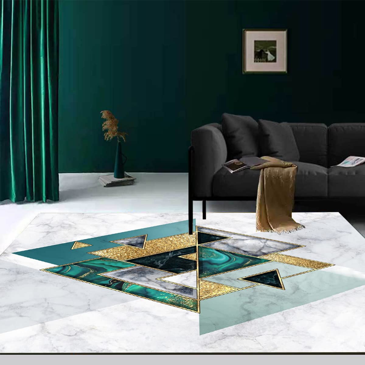 White Green Gold Geometric Patchwork Area Rug 4x6 - Marble Aesthetic Washable Soft Indoor Carpet for Living Room, Bedroom, Dining Room, Home Office | Modern Floor Mat for Luxe Center Decor & Cozy Home Spaces