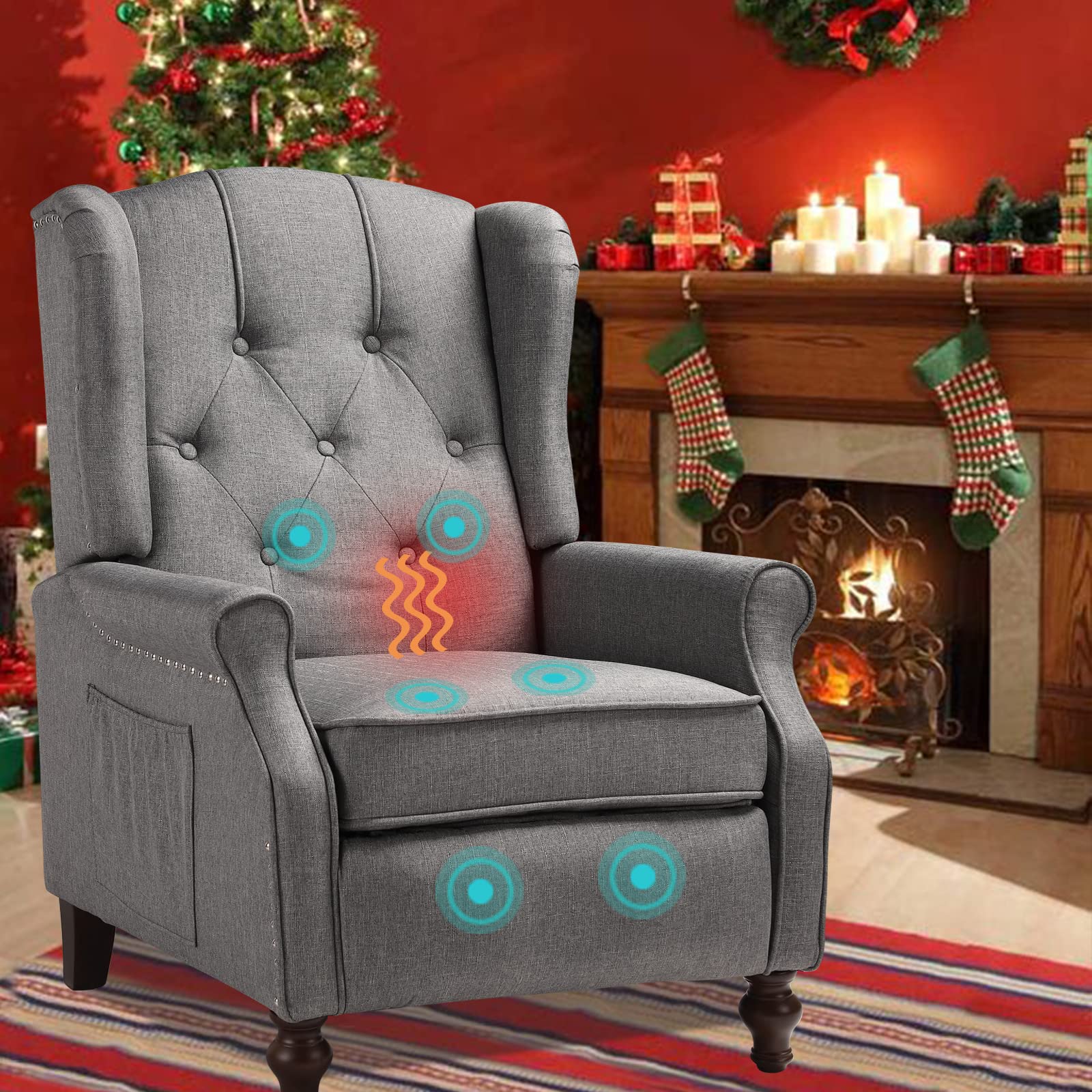 BINGTOO Wingback Recliner Chair with Massage & Heat - Tufted Fabric Push Back Recliner with Footrest, Nailhead Trim & Wooden Legs - Perfect Accent Chair for Living Room, Home Theater & Reading Nook