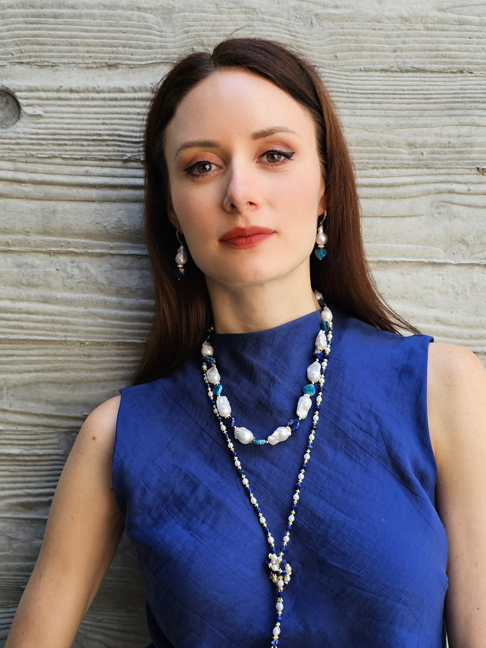 Baroque Pearls with Heart-Shaped Lapis & Apatite Dangle Earrings PE026 | Elegant Vintage Jewelry for Women | Perfect for Weddings, Parties & Special Occasions
